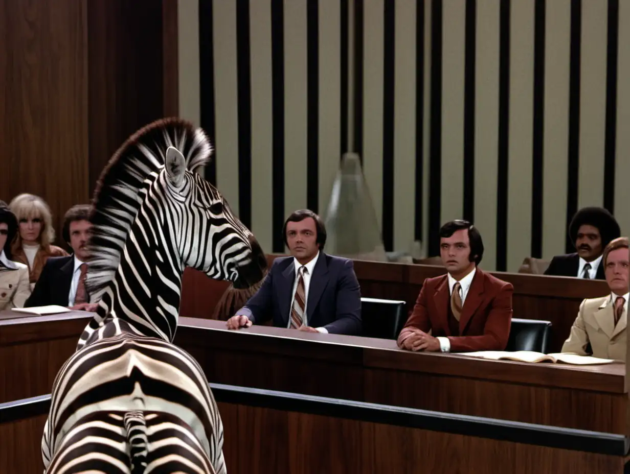 footage from 1970s sci fi movie, court scene, zebra on trial— ar 3:2 —  seed 1000