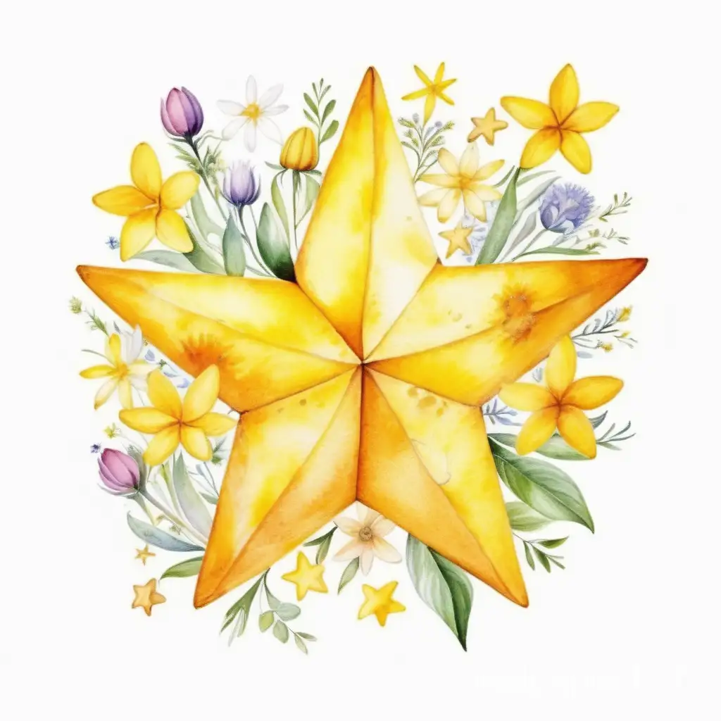 yellow star made of flowers, smooth watercolor, white background