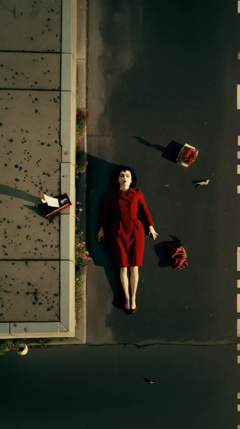 Birds Eye view from a building, a retro woman lays dead on the sidewalk. cinematography, cinematic lighting, surreal, Amelie