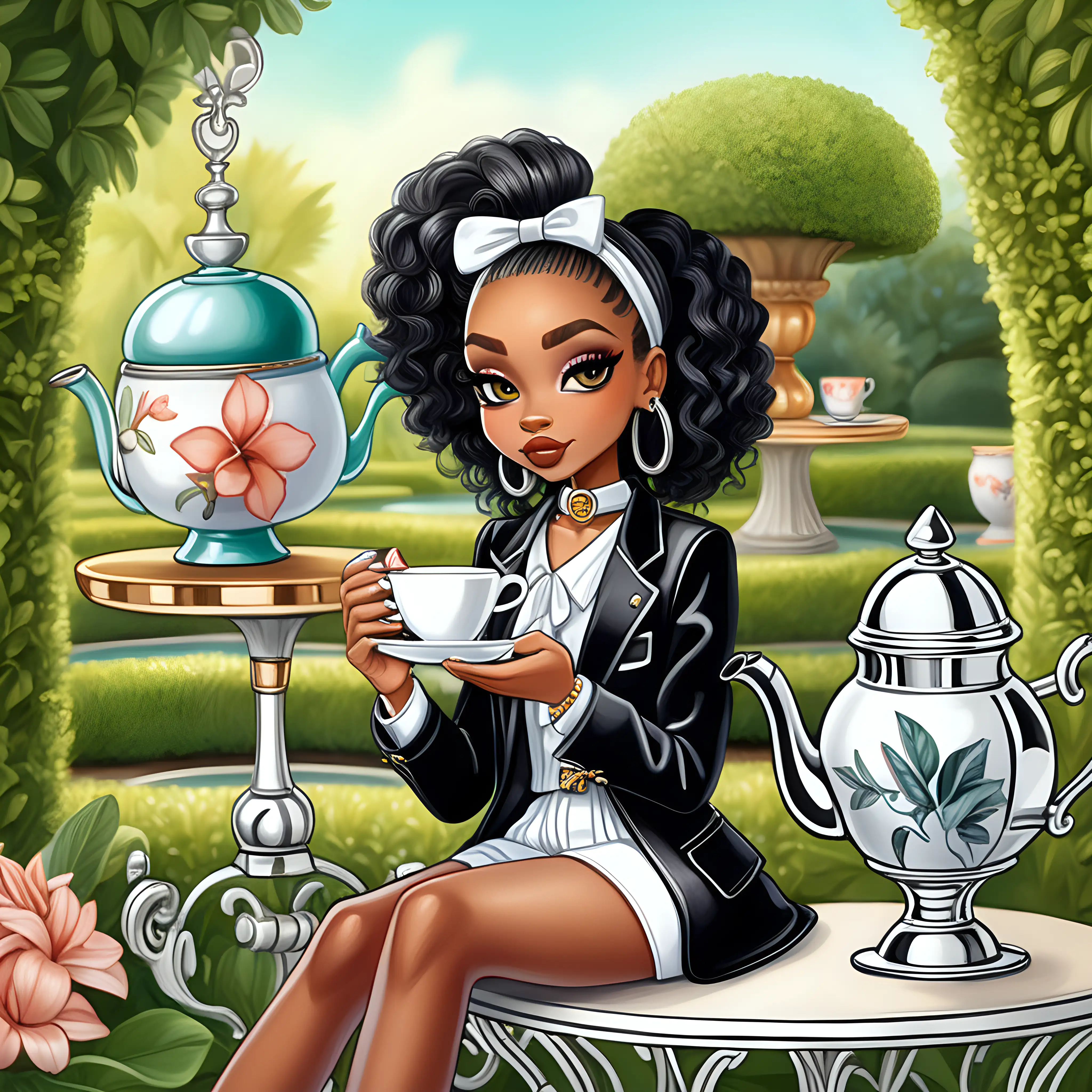 black girl drinking out of a tea cup sitting in a botanical garden, in luxury outfit, in bratz style, cartoon 
