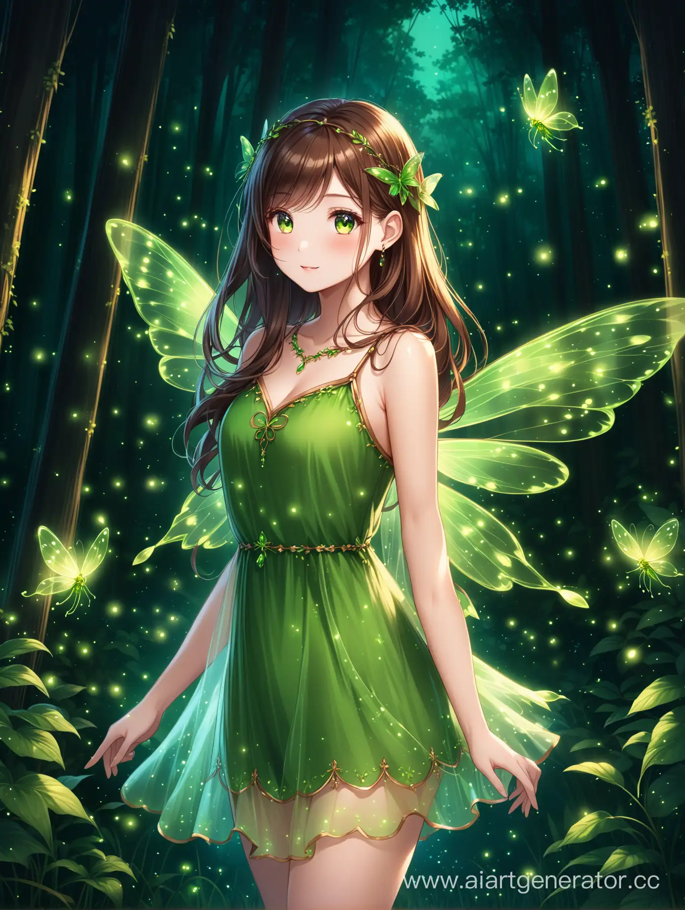 девочка фея, длинные русые волосы, короткое зеленое платье, прозрачный крылья, украшения
на фоне темный лес, светлячки