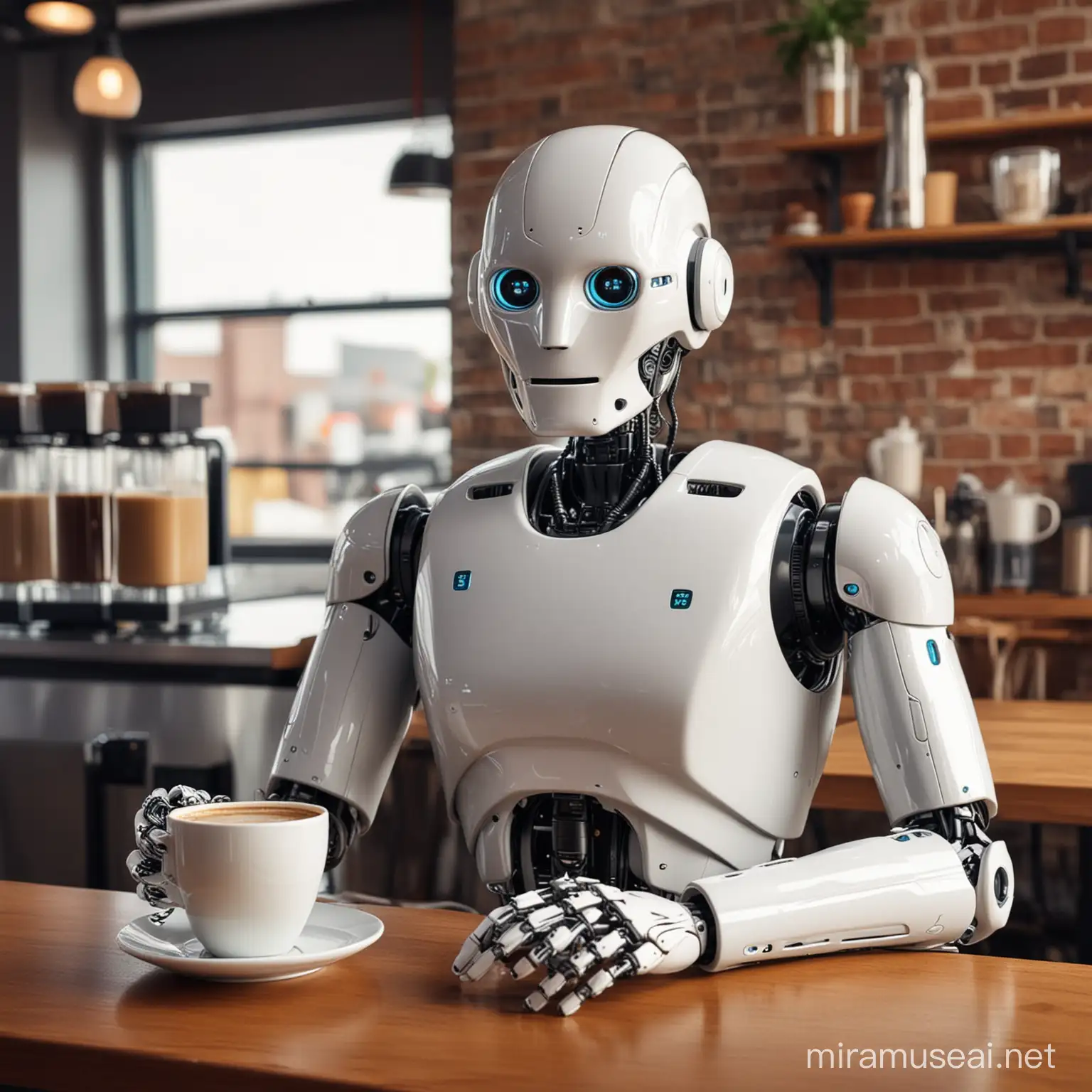 smooth robot in a coffee shop that blends coffee, the robot is holding a cup of coffee
