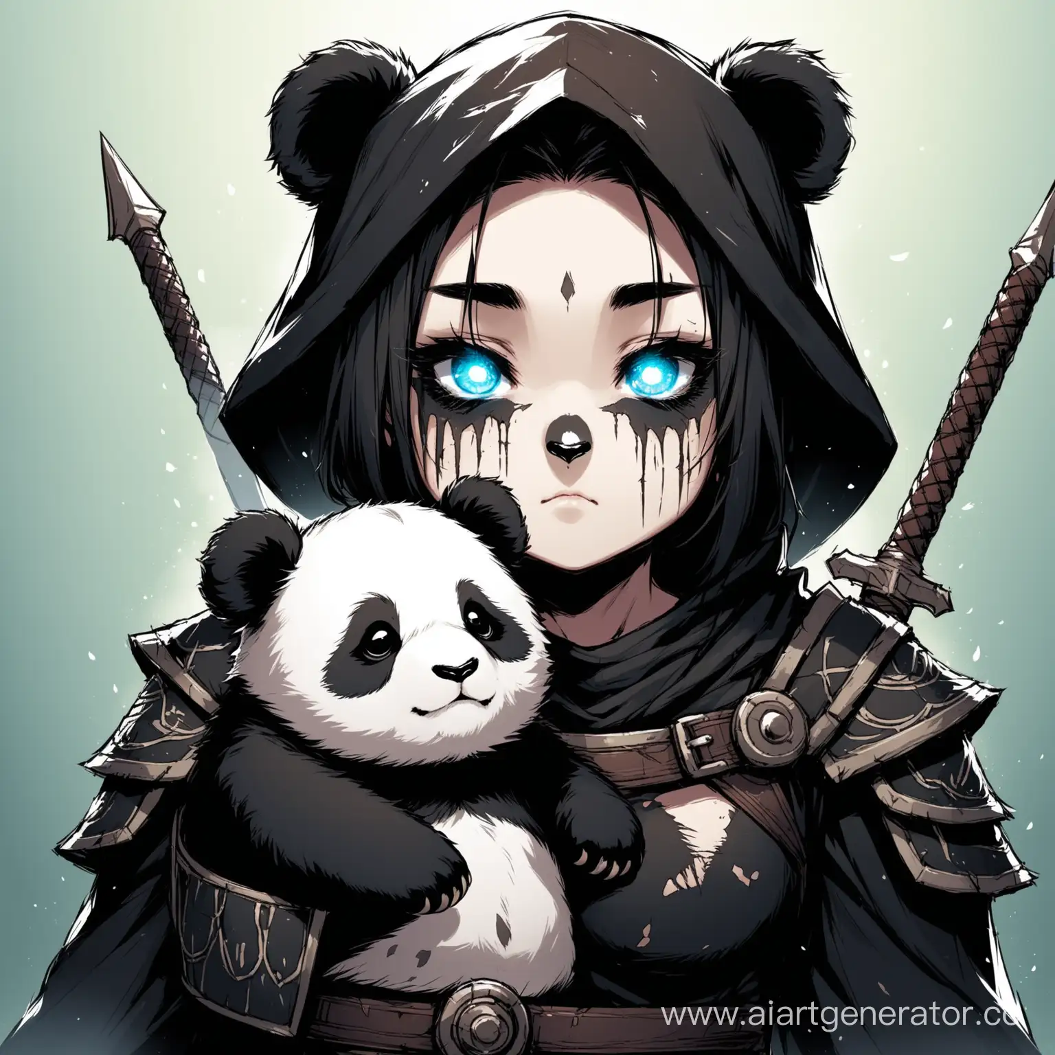 Милая маленькая панда рядом с ней огромный воин весь в шрамах и злобный взглядом и маской на пол лица