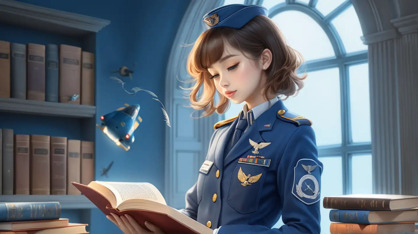 女性风格，有一个女性在看书，穿航空制服，需有动感光线，有追光的感觉，有书本。大气磅礴的感觉。蓝色主色。