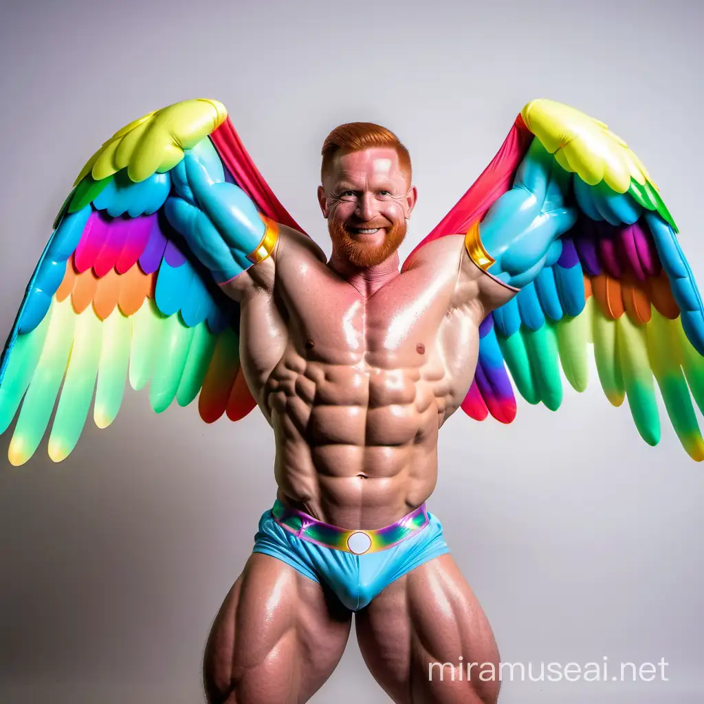 Muscular Redhead IFBB Bodybuilder Flexing Arm with Rainbow Colored SeeThrough Eagle Wings Jacket and Doraemon