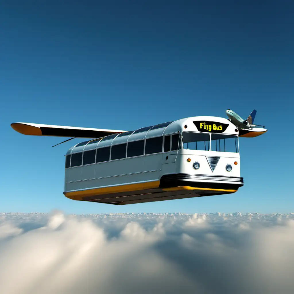 Fantasy Flying Bus in Whimsical Sky