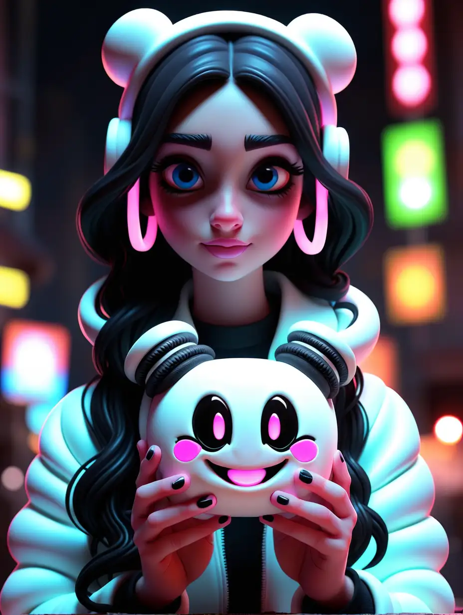 Whimsical DisneyInspired Marshmallow Girl with Oreo Delight in Neon Ambiance