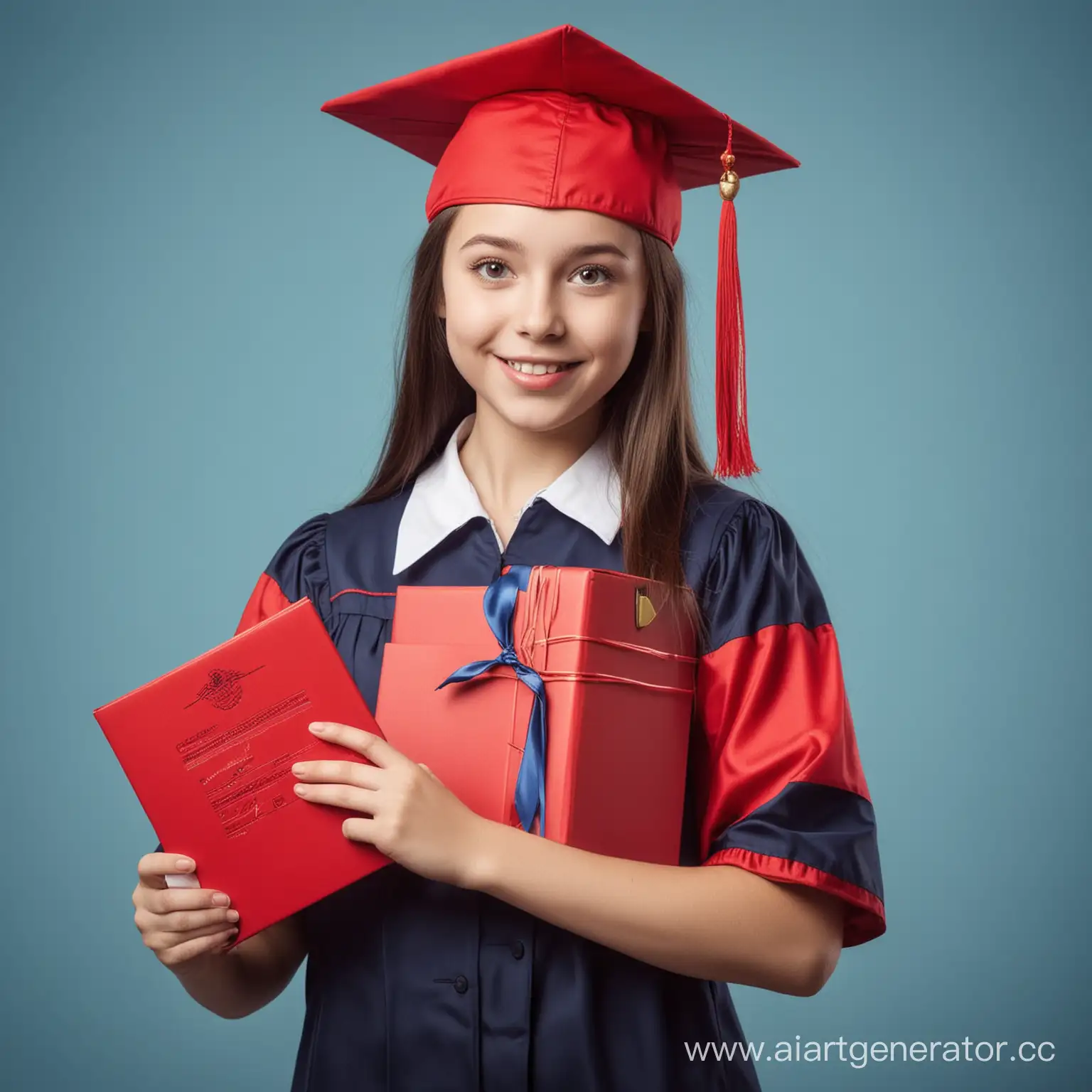 девушка на голубом фоне получила красный диплом и выбирает профессию