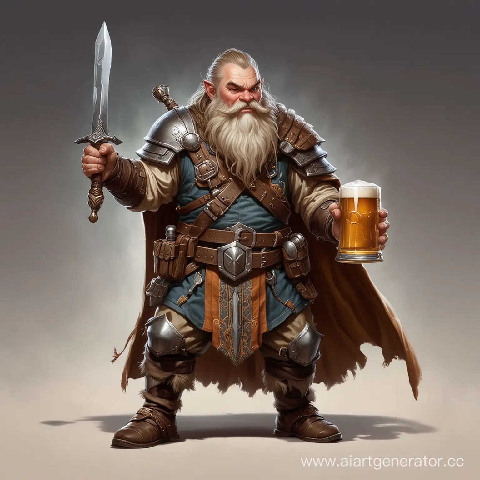 D&D, персонажи, дворф жрец с кружкой пива, человек воин с двуручной секирой, человек воин с копьем, полурослик вор 
