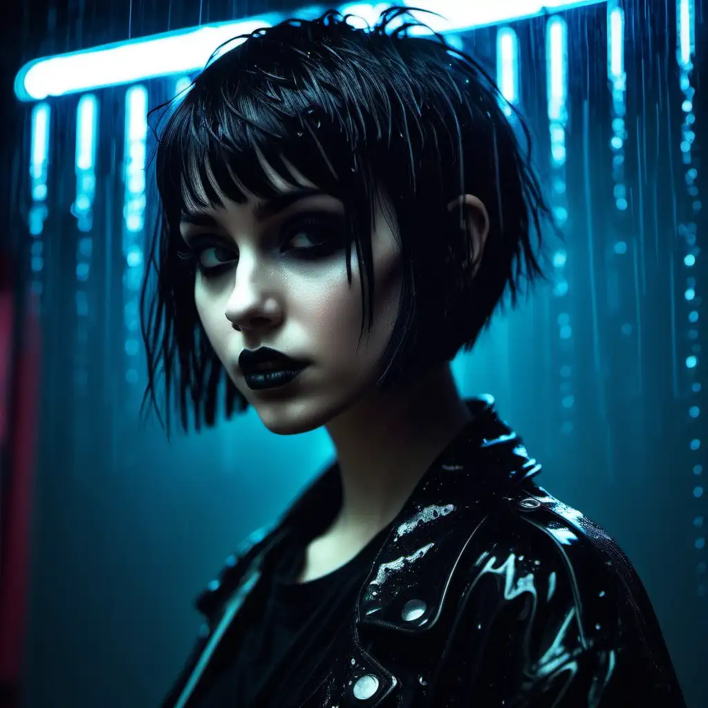 Goth Girl with Short Hair in Rainy Night with Neon Lights