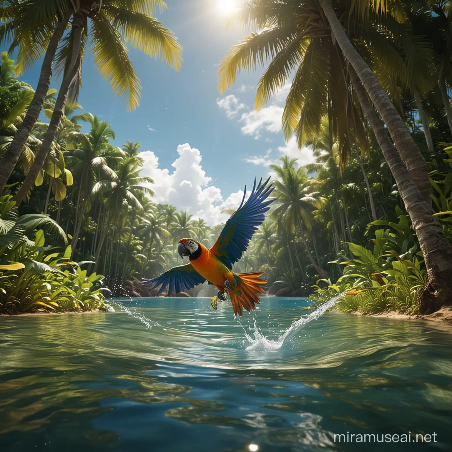 Create a vivid and fantastical image that embodies the essence of a tropical paradise. The central focus is a giant, open coconut with its hard shell forming an arch shape, and its interior mirroring a lush landscape. Waterfalls cascade from within the coconut, spilling into a serene pool below. The coconut is set on a backdrop of a rich jungle with a vibrant blue sky peeking through the foliage. Atop the coconut, add lush, green palm fronds suggesting life and abundance. A brightly colored parrot in mid-flight enhances the tropical atmosphere, adding a dynamic element to the scene. The image should be rich in detail with hyper-realistic textures, particularly the coconut's rough exterior and the transparency of the water. Lighting plays a crucial role, with sun rays filtering through the clouds and foliage, creating a radiant and heavenly glow, 32k render, hyperrealistic, detailed.