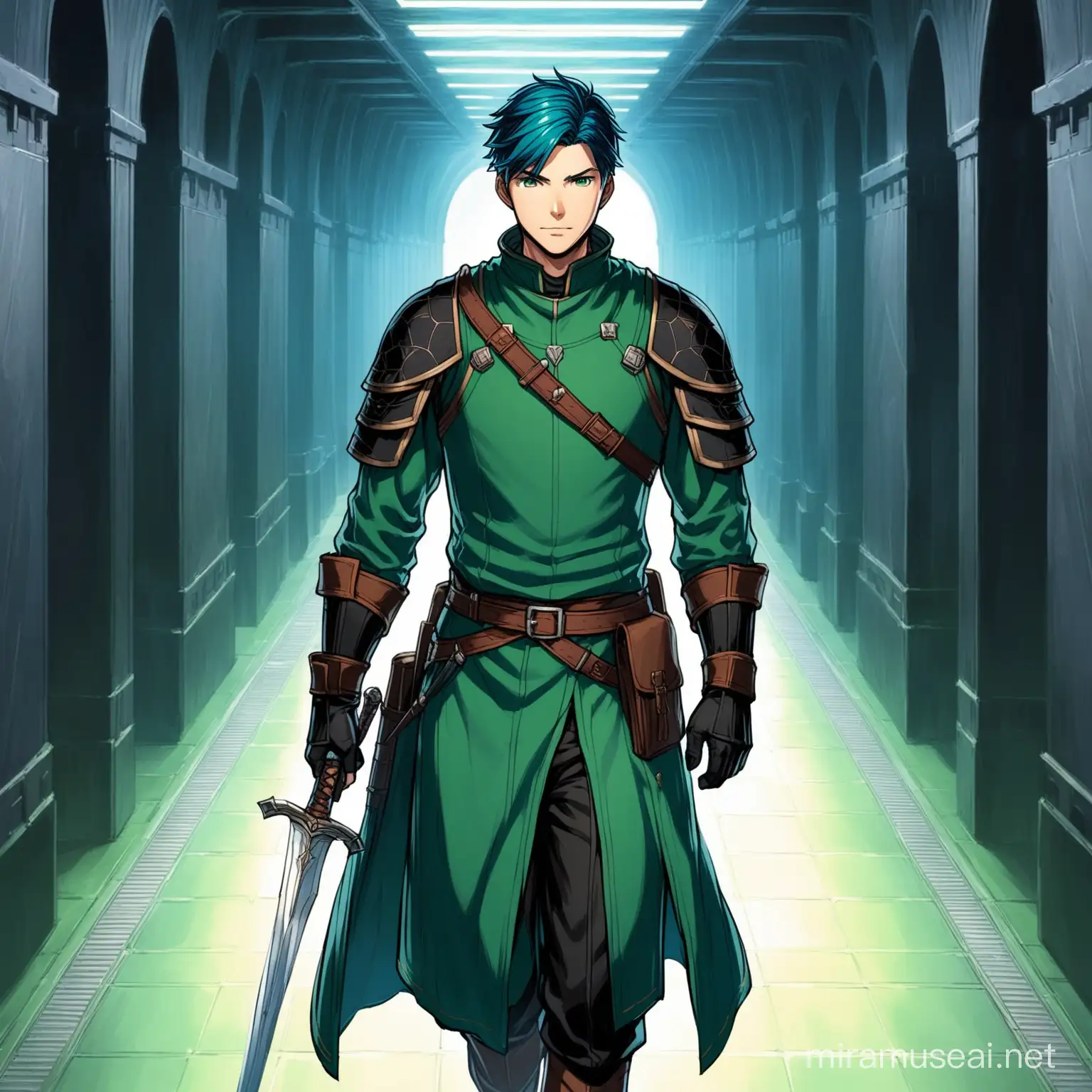 human male, he has a wild and short cut hairstyle like Ike from Fire Emblem, his hair is black, he is clean shaved, his eyes are aqua colored, he wears clothes like the witcher, his clothes are dark green and black, he has two longswords sheathed on his back, he is walking through the halls of a galactic colony.