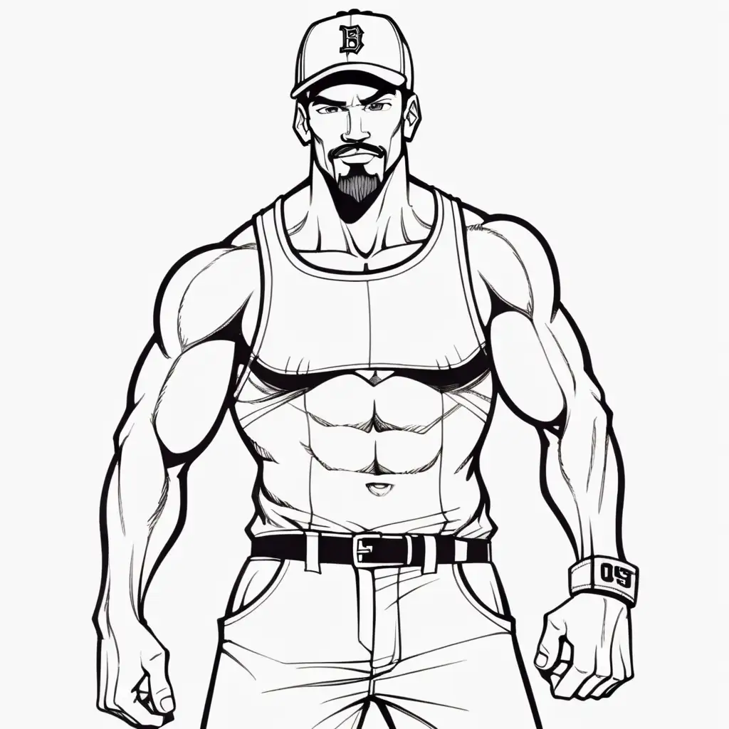 tall muscular man, goatee, brown hair, baseball cap, black and white outlined, full body
