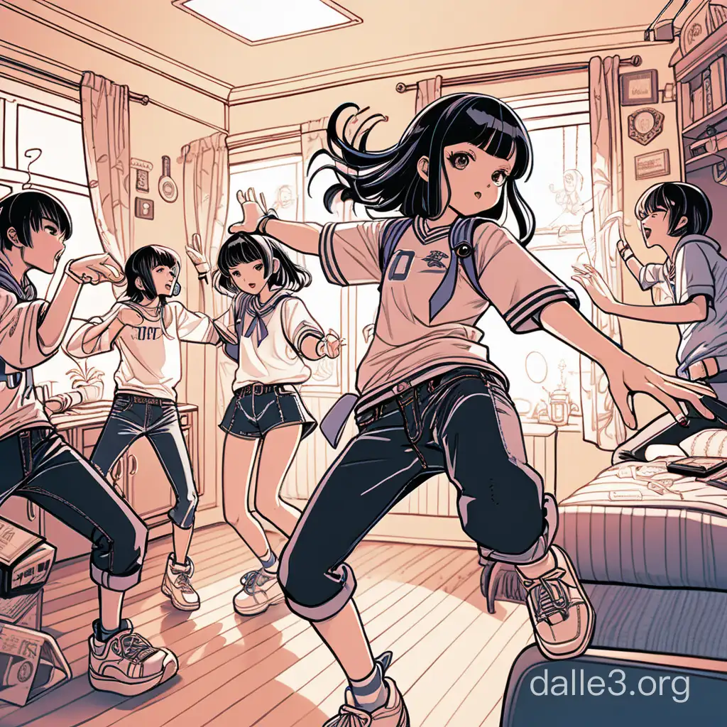 Color ink drawing, line art: Noisy and reckless party in student dormitory, dancing, feast, dynamic, lots of light, bright, caricature illustration style of Jin Homura. Worksafe, elaborate great works, elegant, stylised, graphic novel, fine art, highly detailed, lineart drawing, golden ratio, sharp, trending on ArtStation, Pixiv, art by Ilya Kuvshinov and Loish and Laurie Greasley