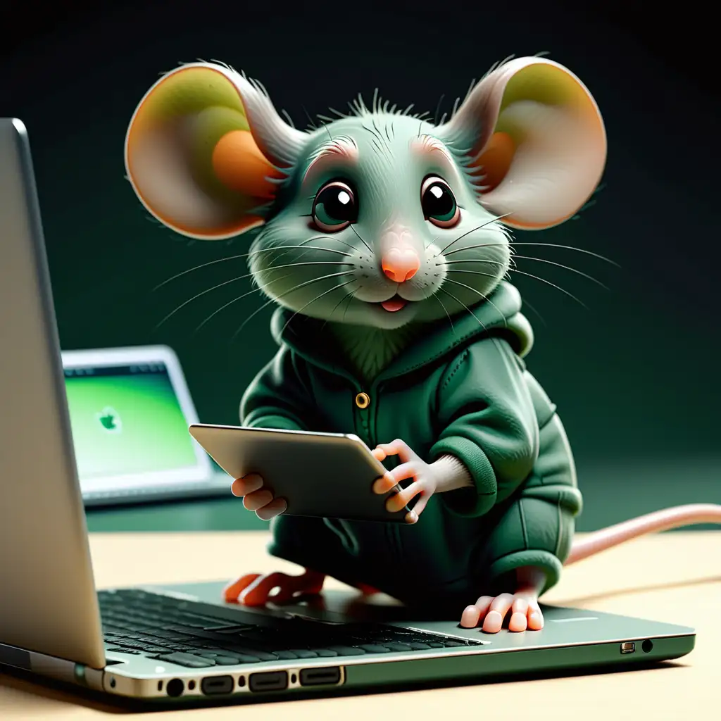 Clever Green Mouse Working on Laptop