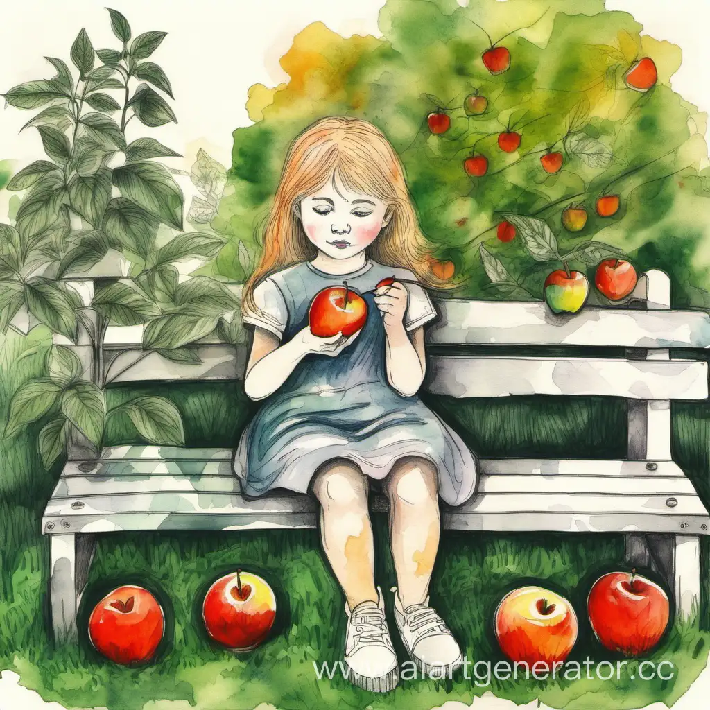 девочка сидит на лавочке в саду и ест яблоко рисунок красками

