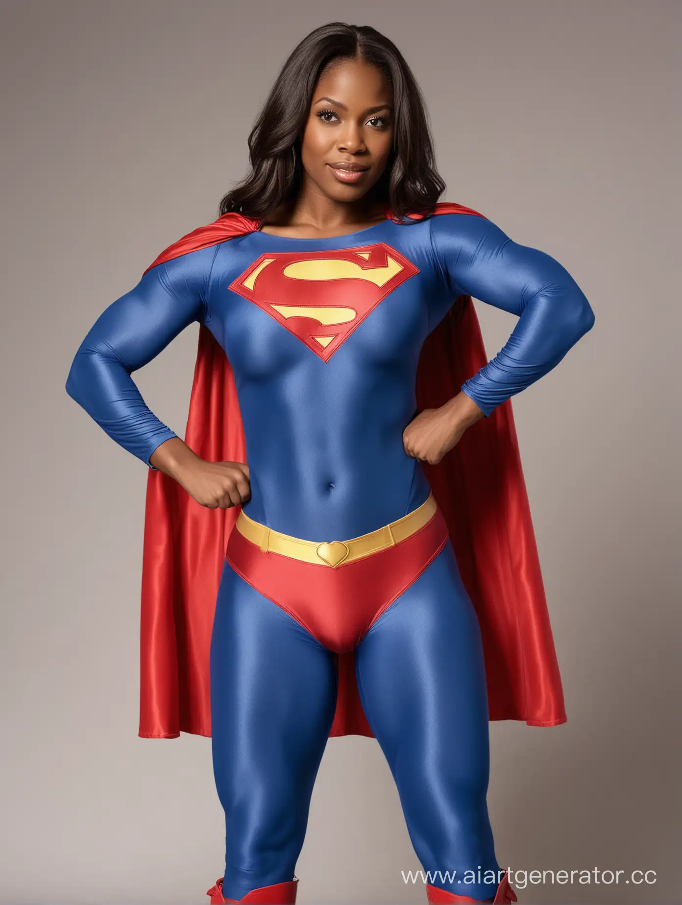 Confident-African-American-Woman-Flexing-Muscles-in-Superman-Costume