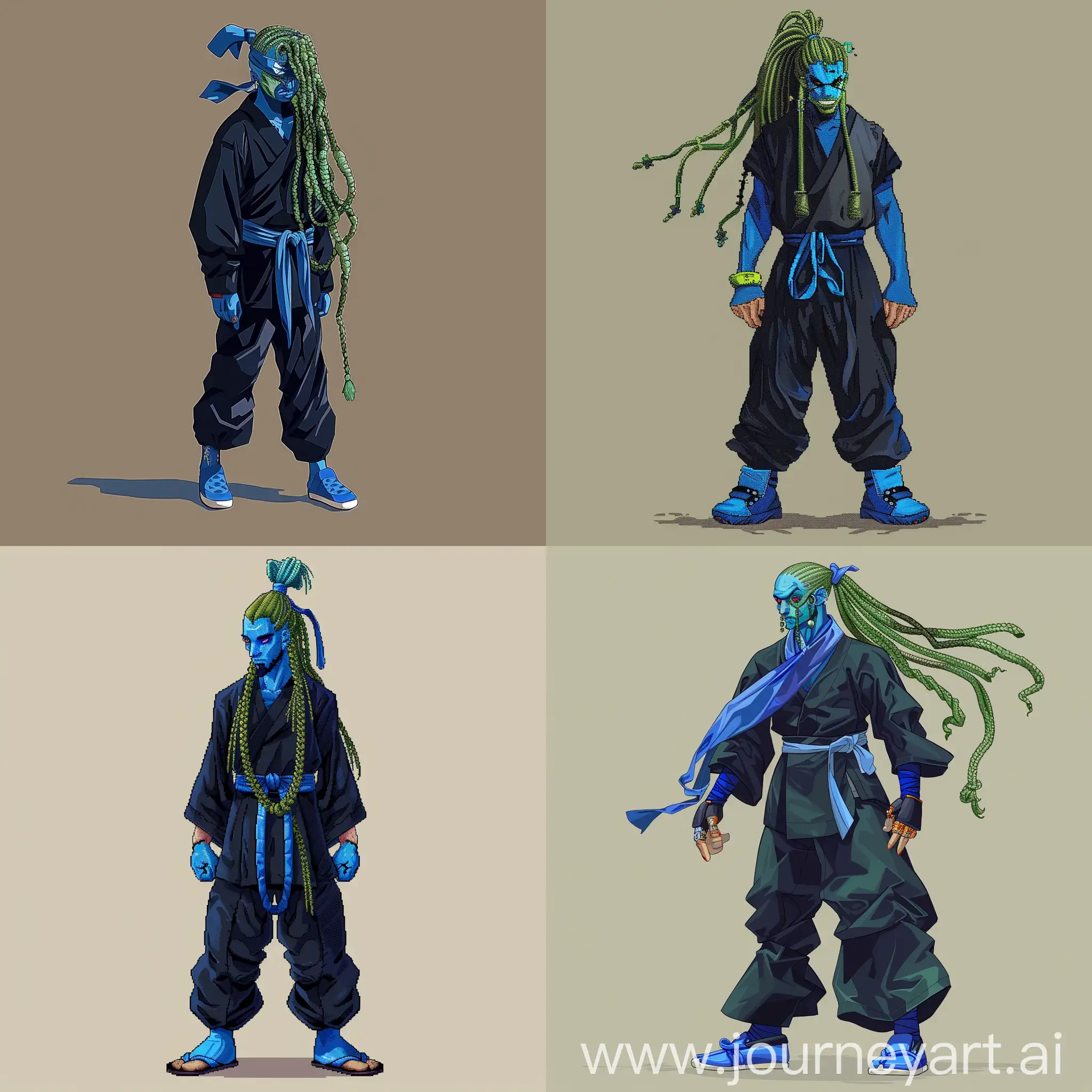Create a 64 bit pixel detailed character art featuring a man with blue skin, long greenish hair tied up with a blue accessory,black outfit, Blue shoes