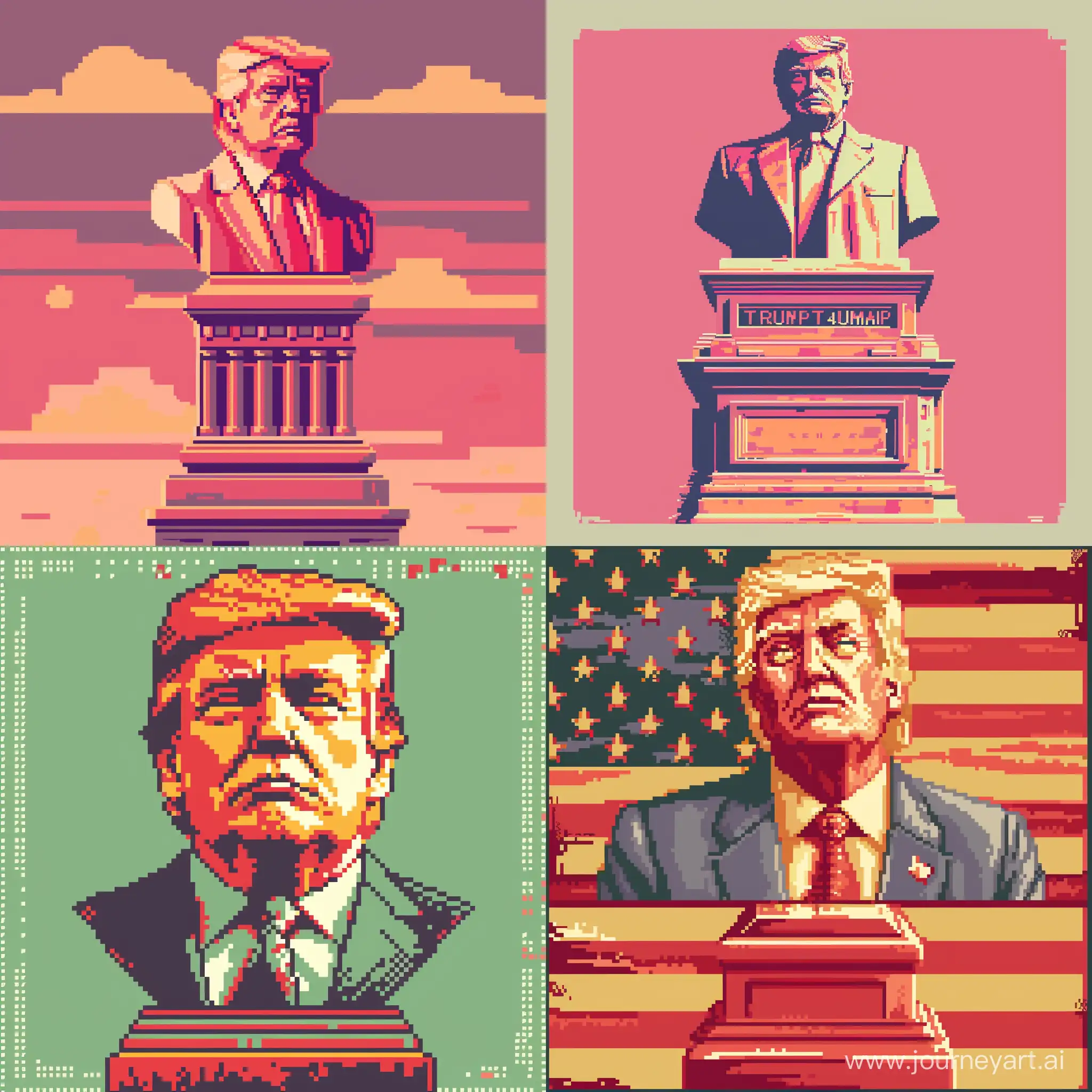 a retro 4-bit theme illustration, pixel art,Trump statue in square, 4 bit art, simplified