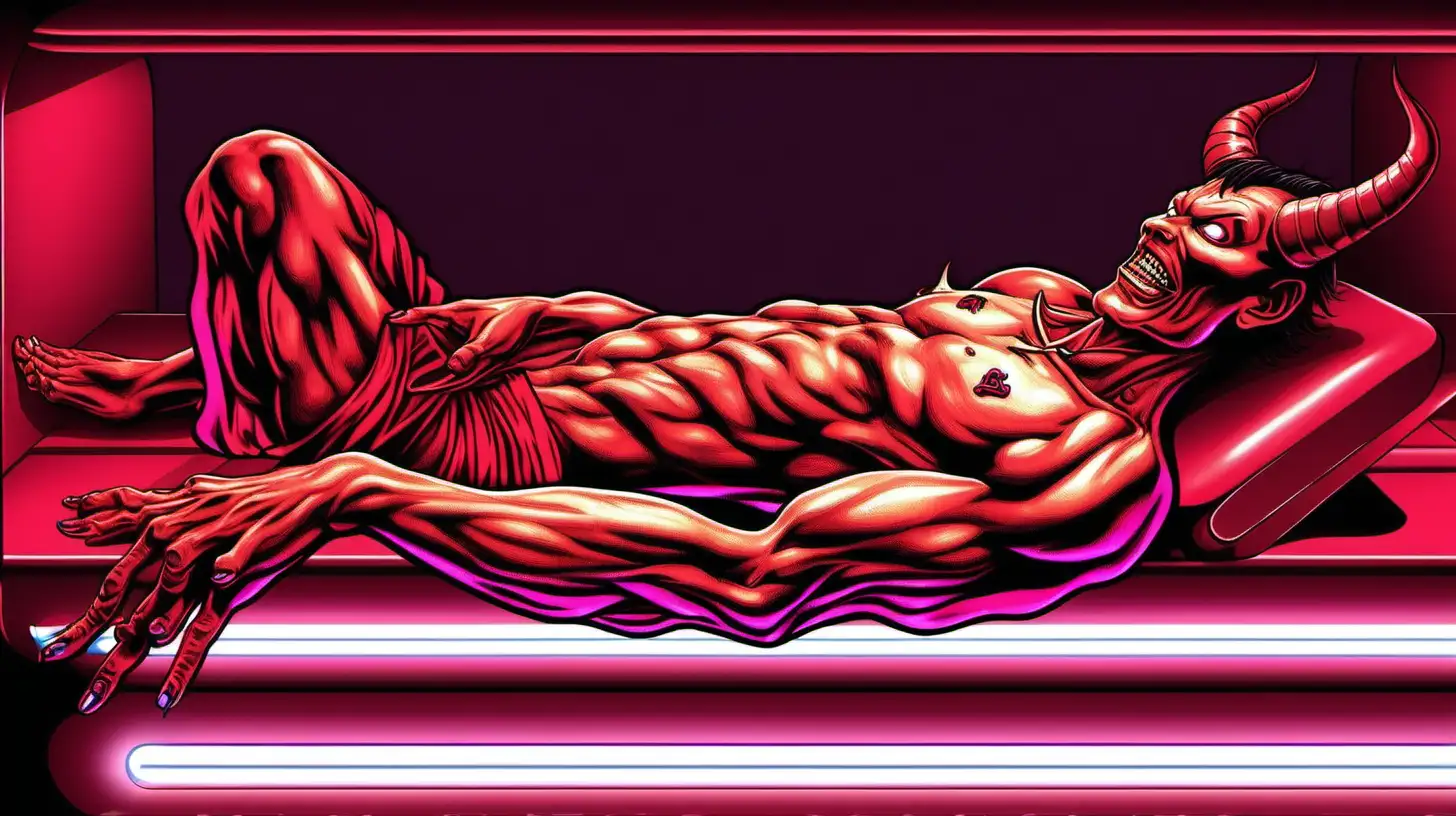 Satan Relaxing in a Tanning Bed Dark Lord Lounging in Luxurious Glow