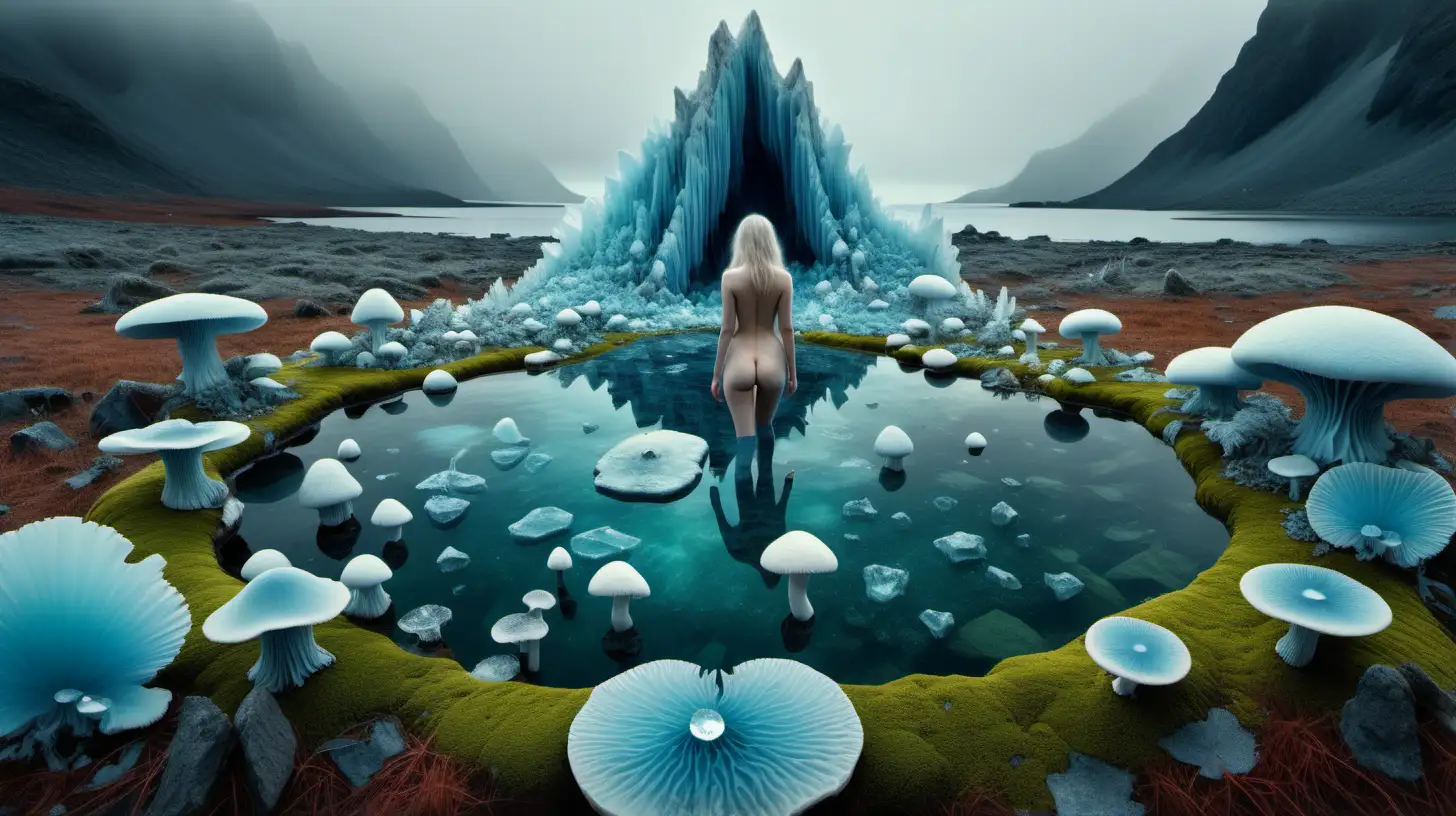 Psychedelic arctic landscape, large crystalline bluish minerals, nude woman in center, Moss, mushrooms, and water on the ground, serene, euphoric