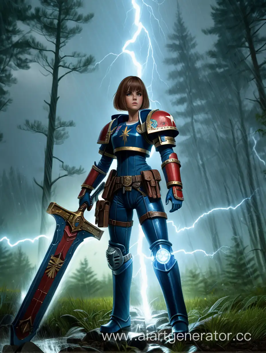 Max Caulfield , in astartes armor,with a big sword in her hand, a sword with lightning and shield in one hand, warhammer 40 000 style,raining,forest