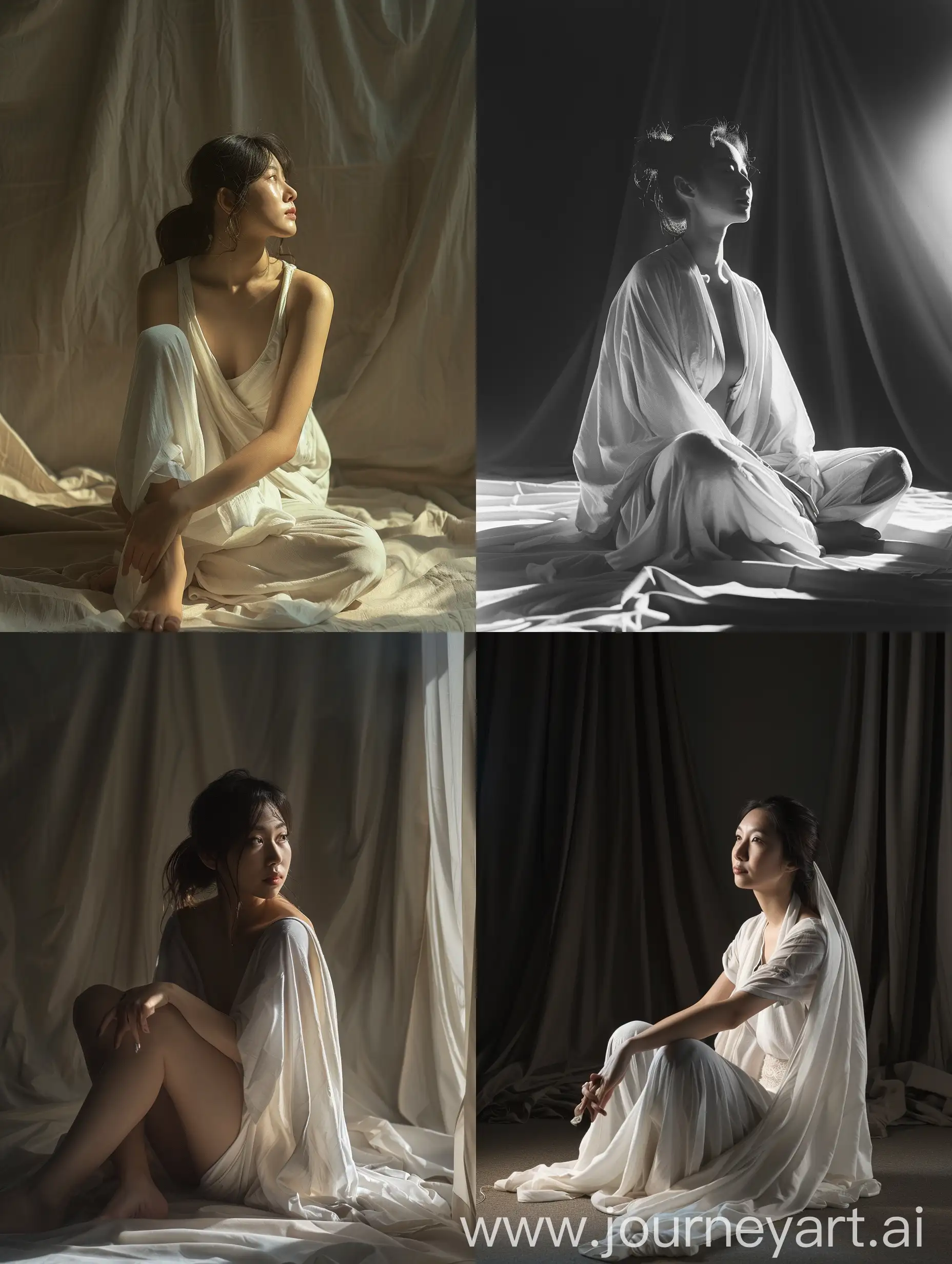 asian Woman sitting in a cross leg position, front facing, draped in used white loose clothing, full body view, drapery, light from the right side, bounce light, photo, masterpiece