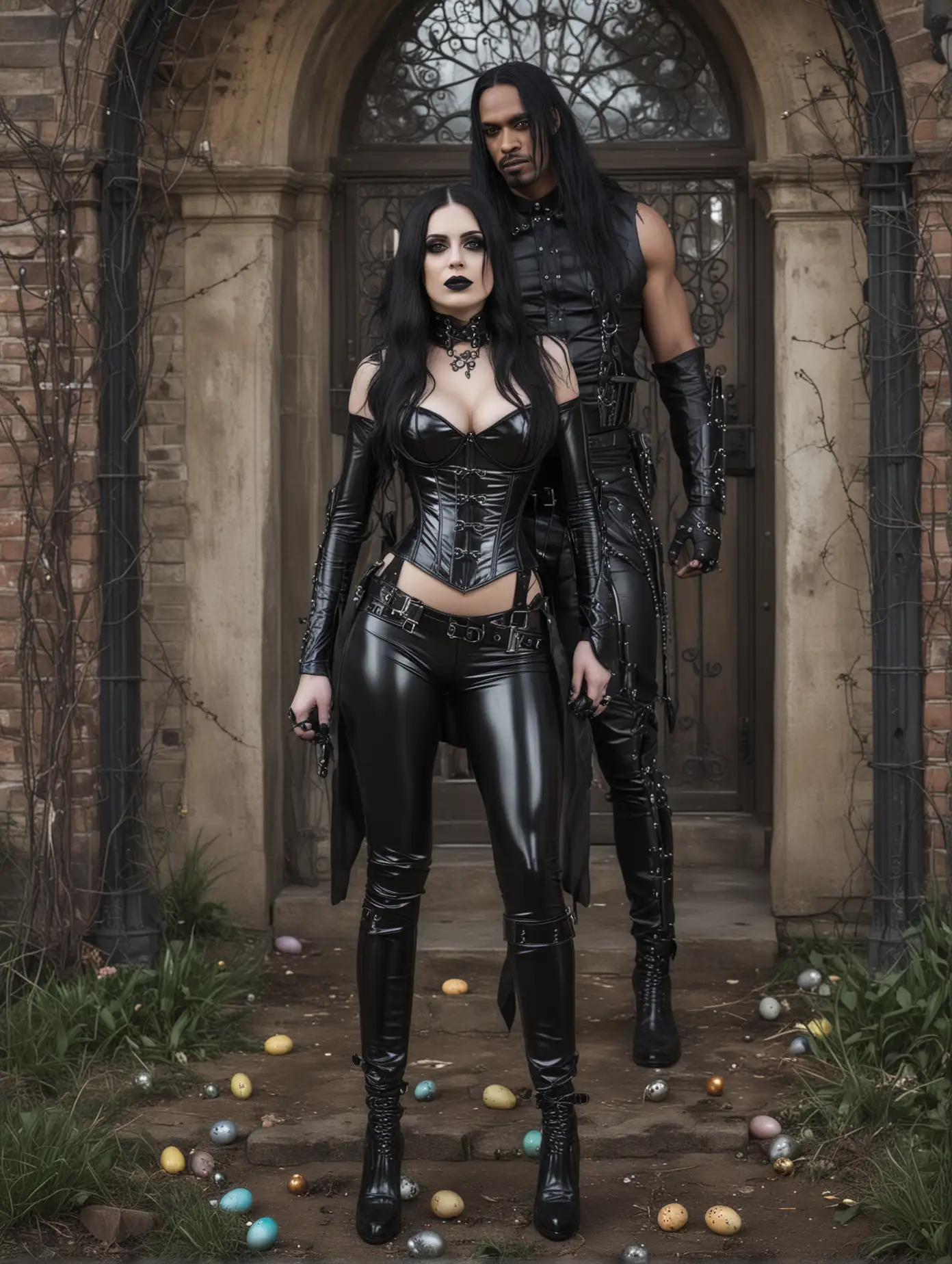A gothic woman and a black metalhead man celebrating easter. The woman wears a latex corset and miniskirt. The man wears leather pants and a bullet belt. Both of them has long black hair, smokey eye make up and long black nails. The surrounding a dark and gothic setting. 