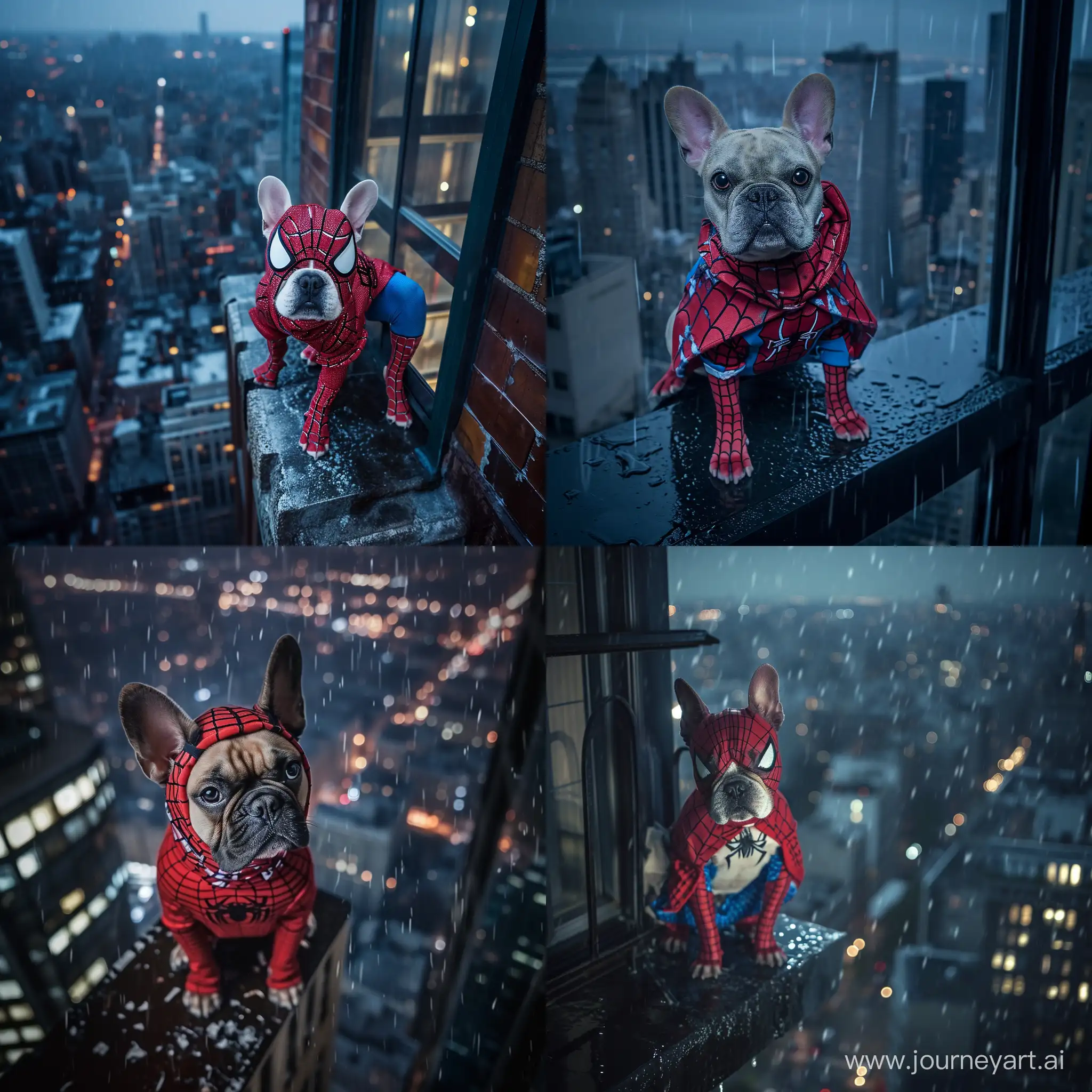 Pied French bulldog dress as Spiderman on a high building in a rainy night