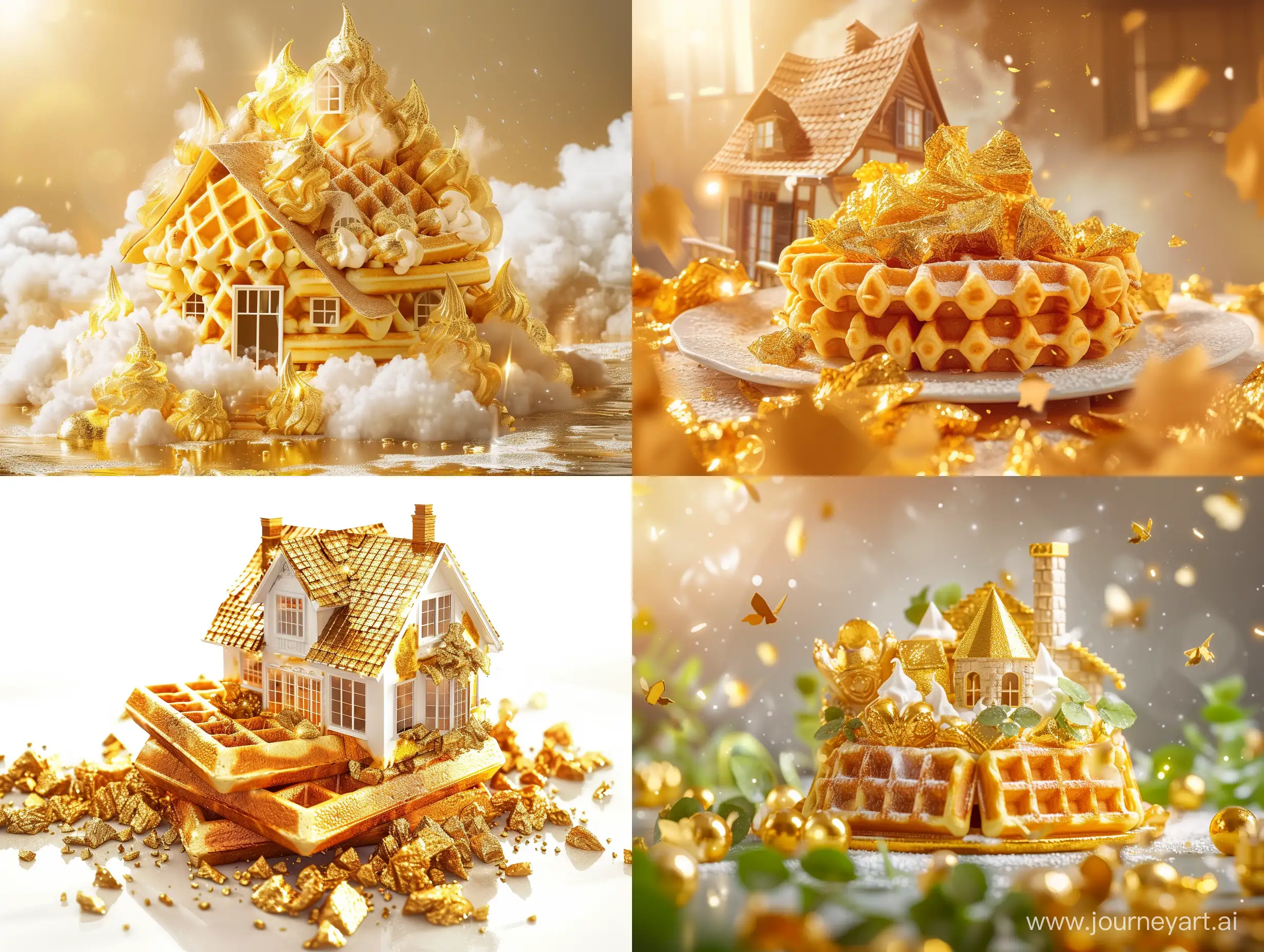 if a beautiful delicious waffle and gold and house merged together, fantasy style, realistic --v 6 --ar 4:3 --no 75602