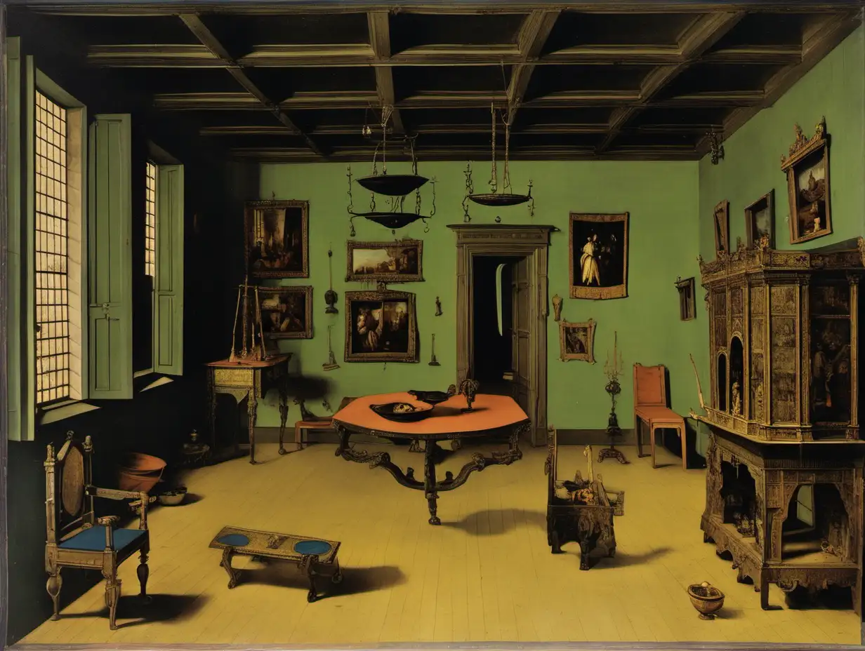  interior of a sparse 17th century Bosch living room
