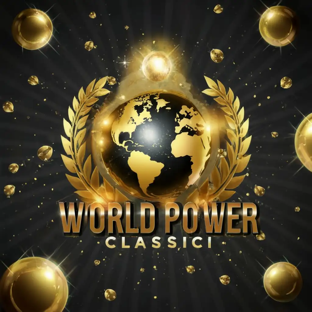 a logo design,with the text "World Power Classic", main symbol:the text of the logo surrounds a golden earth with rings on it.  Small golden orbs orbit around the Earth.  The background is white. The Text is gold, spell the logo correctly.  White back round,complex,be used in Events industry,clear background