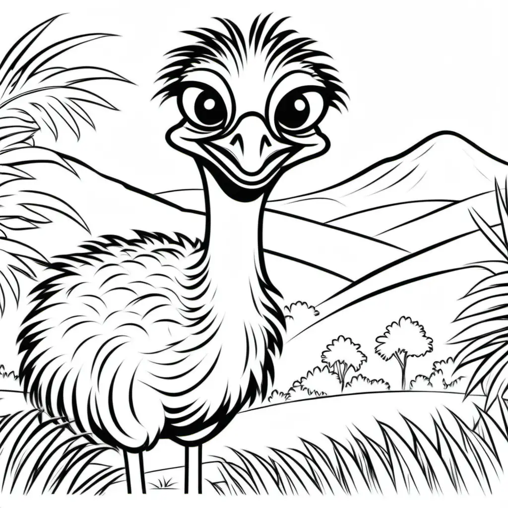 australian emu image, childrens colouring book, stencil, no background, fine lines, black and white, friendly cartoon, lines only