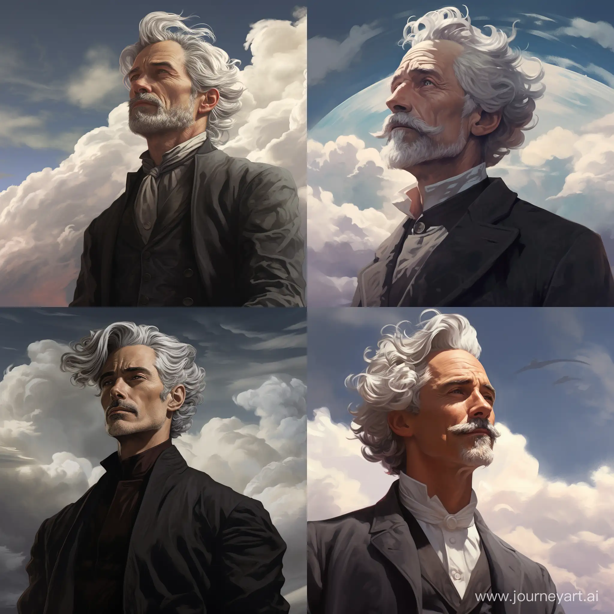 Элегантный, эпичный мужчина с седыми волосами обьединённый с ветром, смотрит влево вдаль на фоне облаков