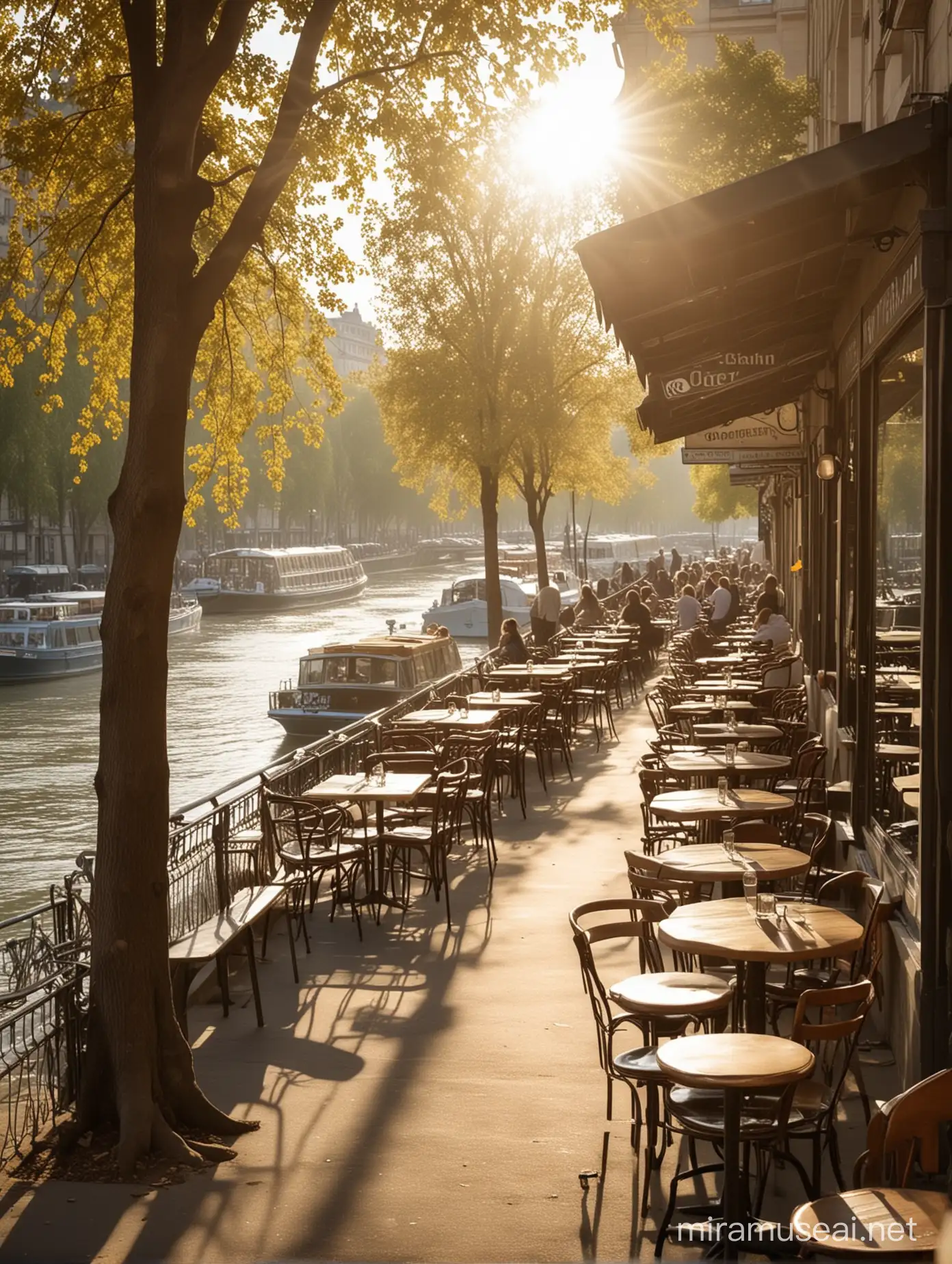 Sunlit Coffee Shop by the Seine River A Scene of Happiness and Fulfillment
