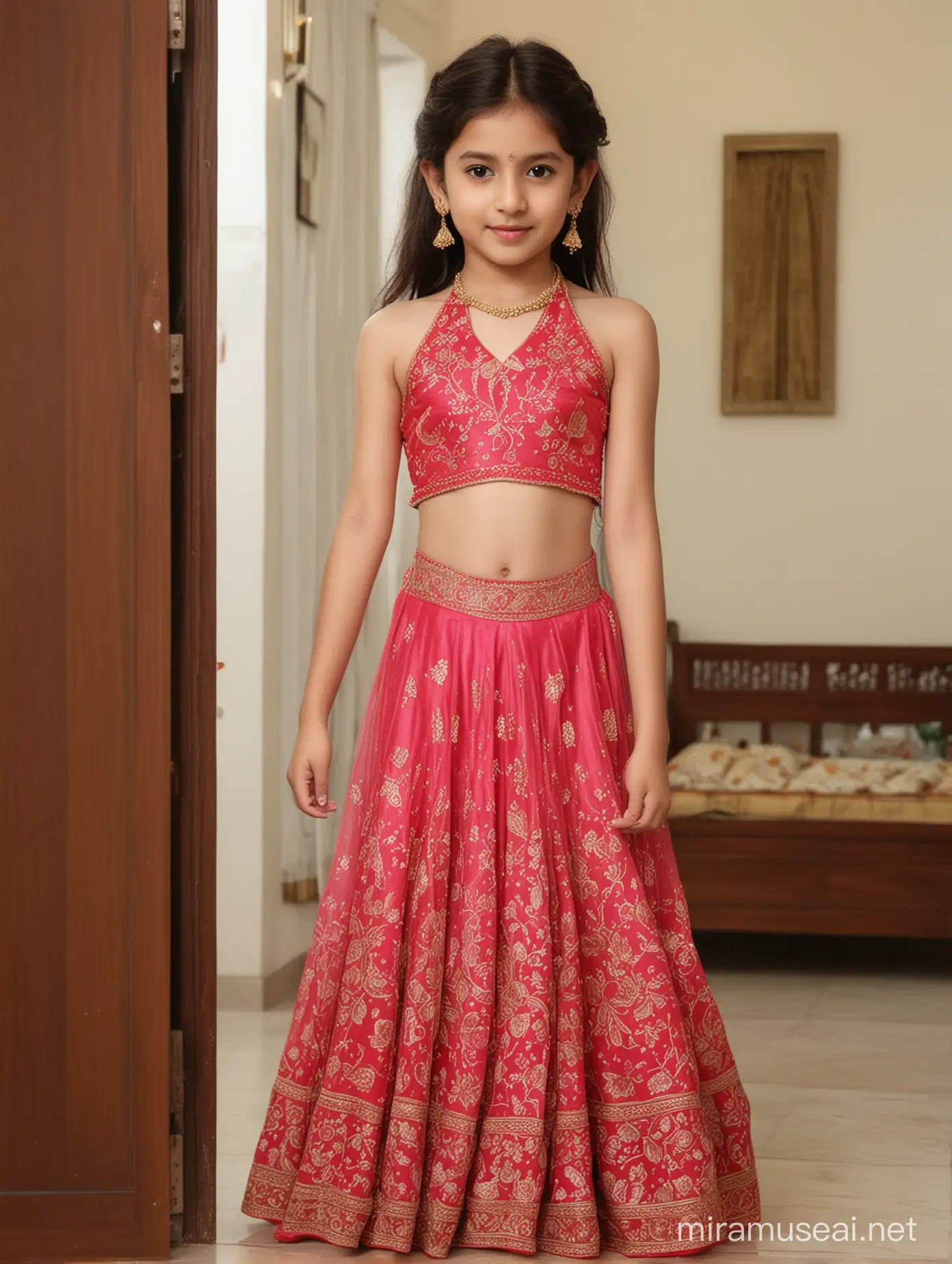 10 years old girl, very white skin, beautiful, wearing rose red very thin halter neck very thin choli with lehenga, her front view, in well lit house