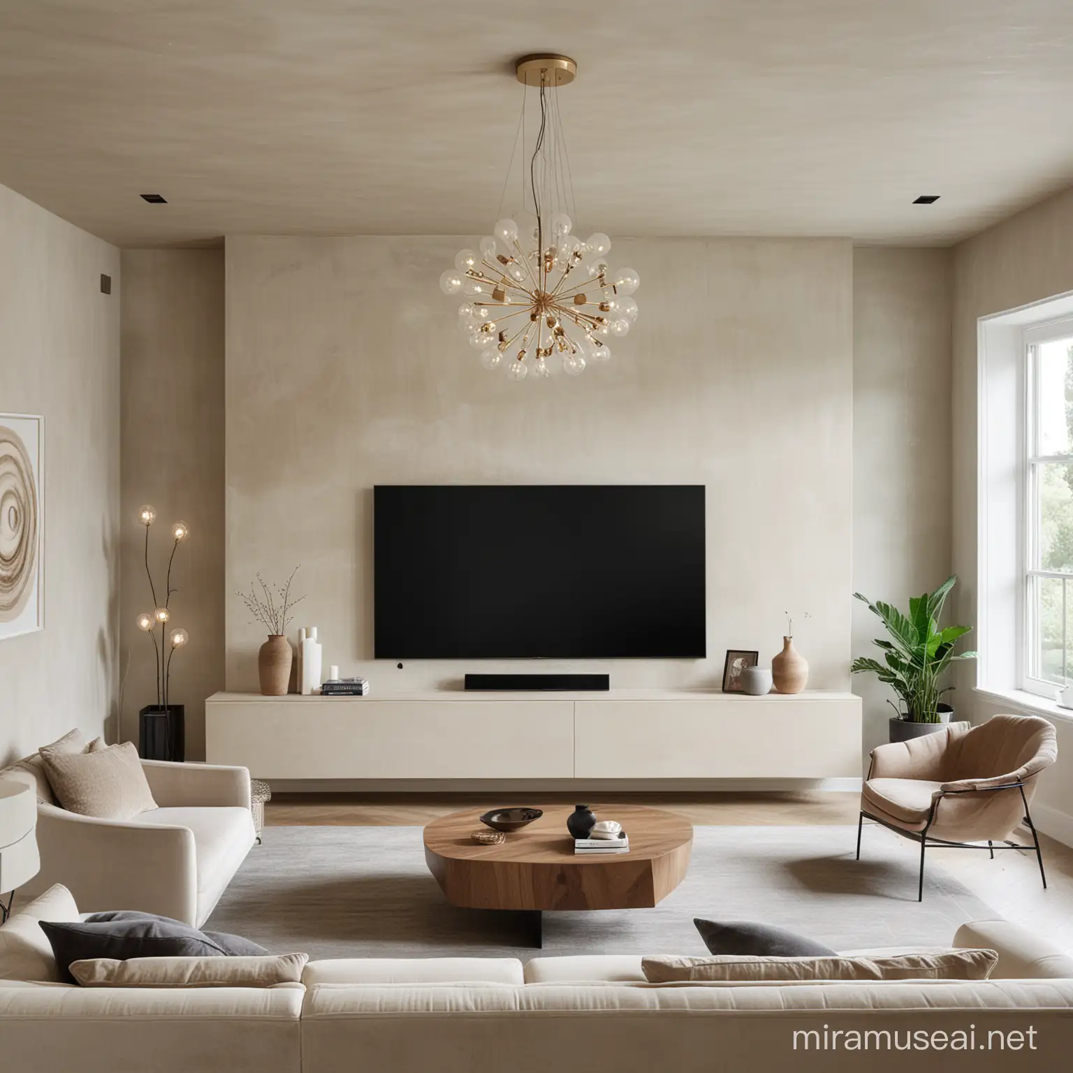 Luxurious Minimalist tv room Room with Limewash Walls with statement light fixture