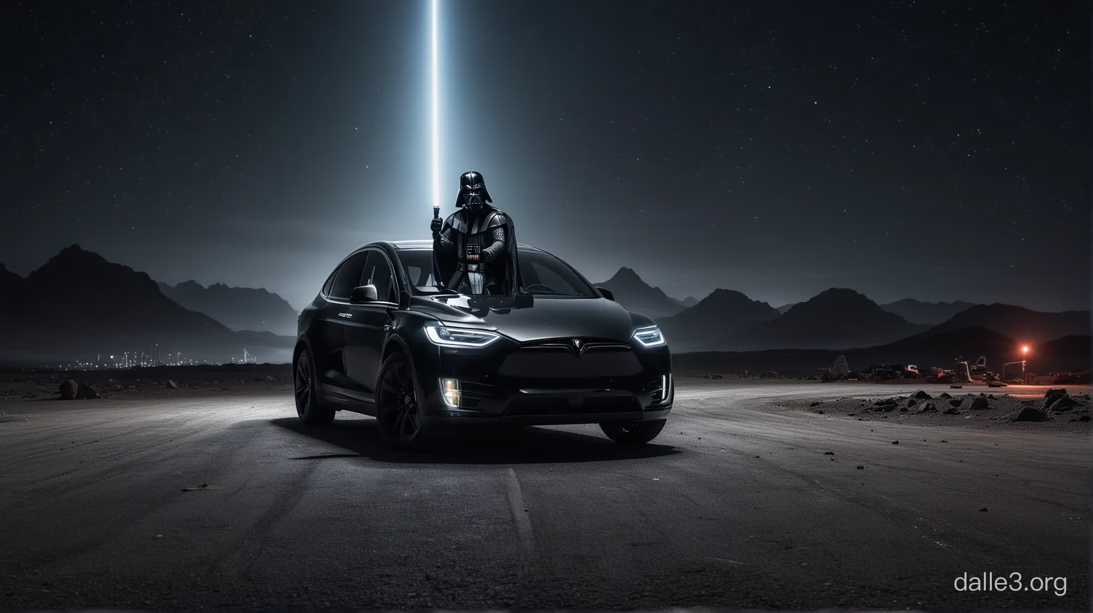 Darth Vader with Lightsaber at Alien Spaceport Featuring a Black Tesla ...