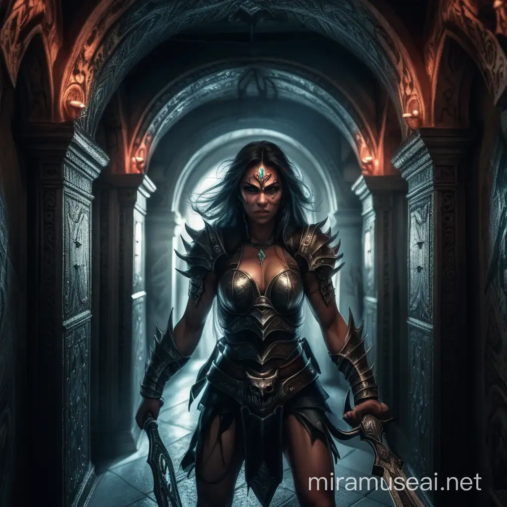 Fully armed warrior woman foghting drmons in the darkest corridors of the