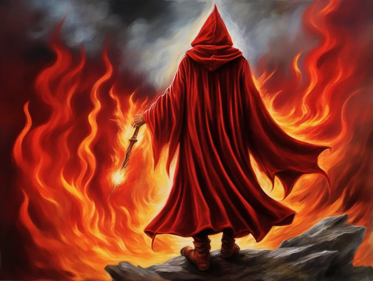 wizard man, red wizard tunic, red round hood, spell, back to the camera, fire storm, flames in the sky, Medieval fantasy painting