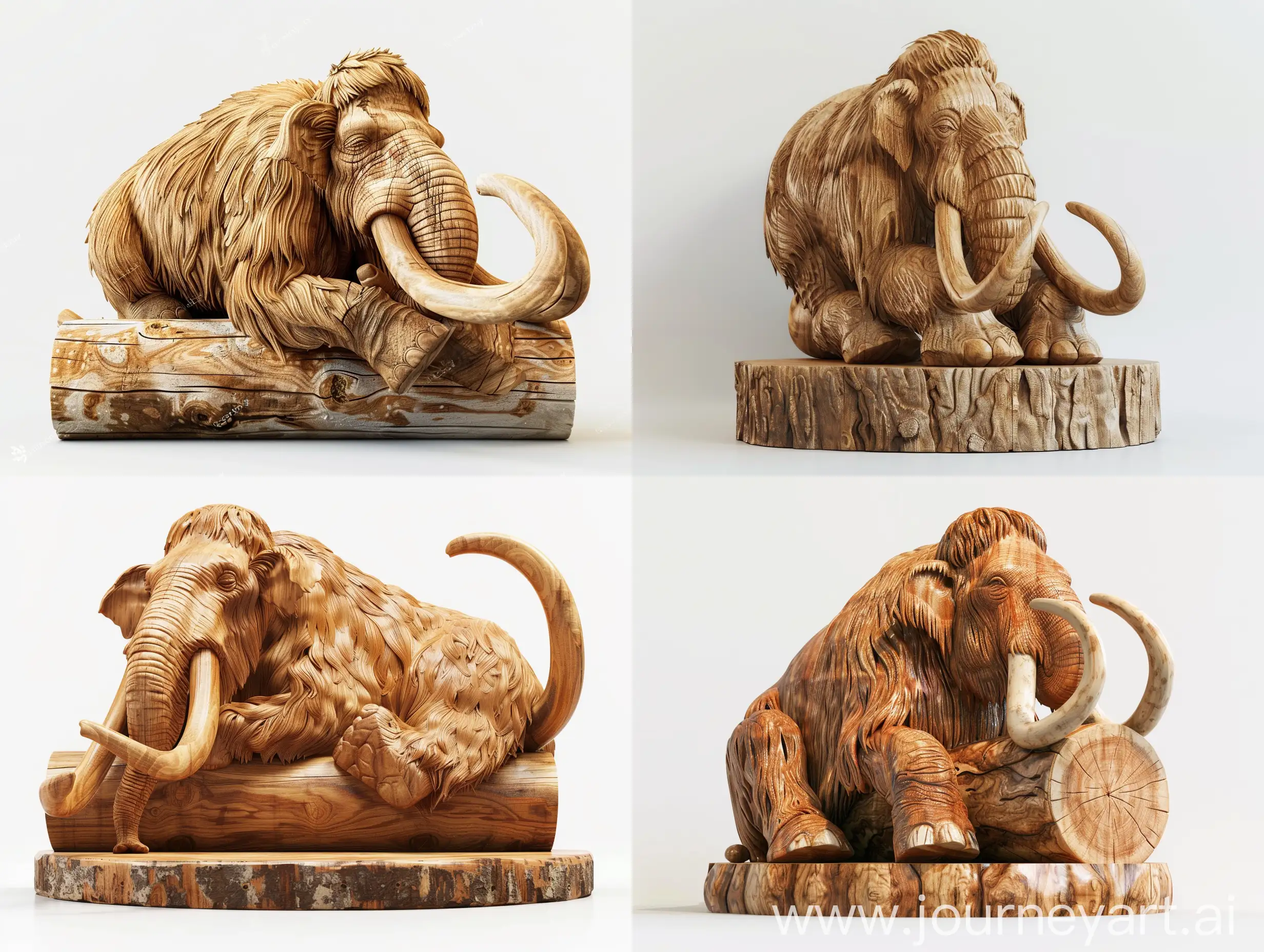 Professional sketch for wooden sculpture, a full-length a woolly mammoth resting on a cylinder full-face and in profile, professional dynamic character, wood carving, white background, 8k Render, ultra realistic