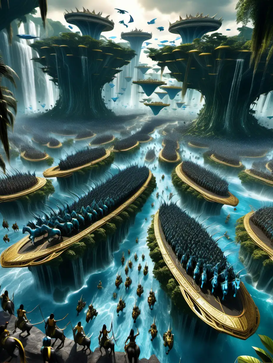 very large group of Na'vi warriors from "avatar The Way Of water" riding into battle. some flying and some on direhorses. very intricately and microscopically detailed. marble. gold. white. landscape view of Pandora jungle. 100,000 army. zoom out. sky view. aerial view. background full of people.