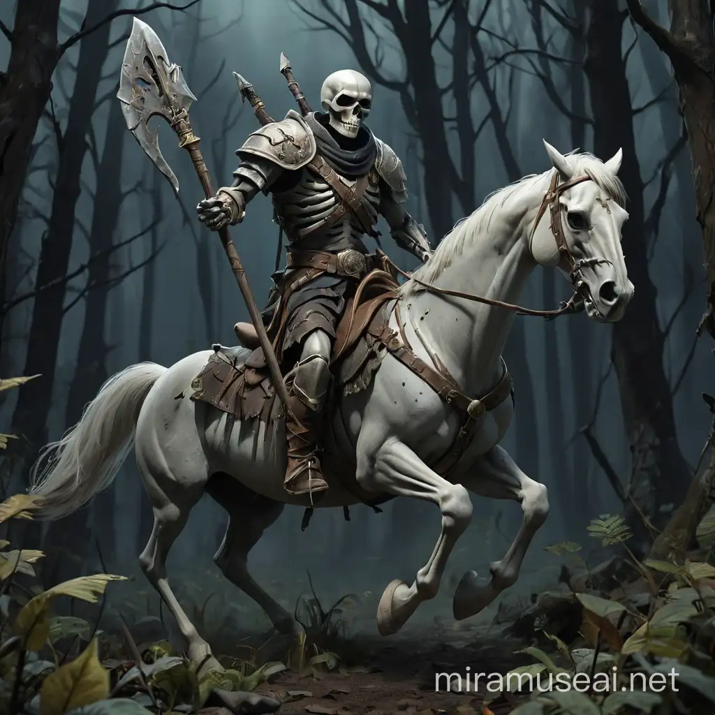 dungeons and dragons,fantasy,Skeleton warrior, skeleton horseman with spear in hand on zombie horse background dark forest
