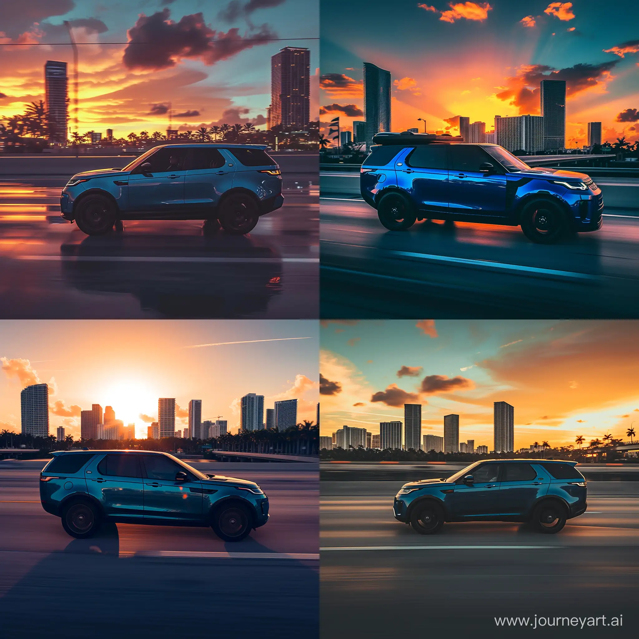 GTA Style Picture Side View of: Blue Landrover Discovery 2023 on Highway, Miami City: Sunset, Realistic Sunlight Reflections, Wide Shot, High Precision