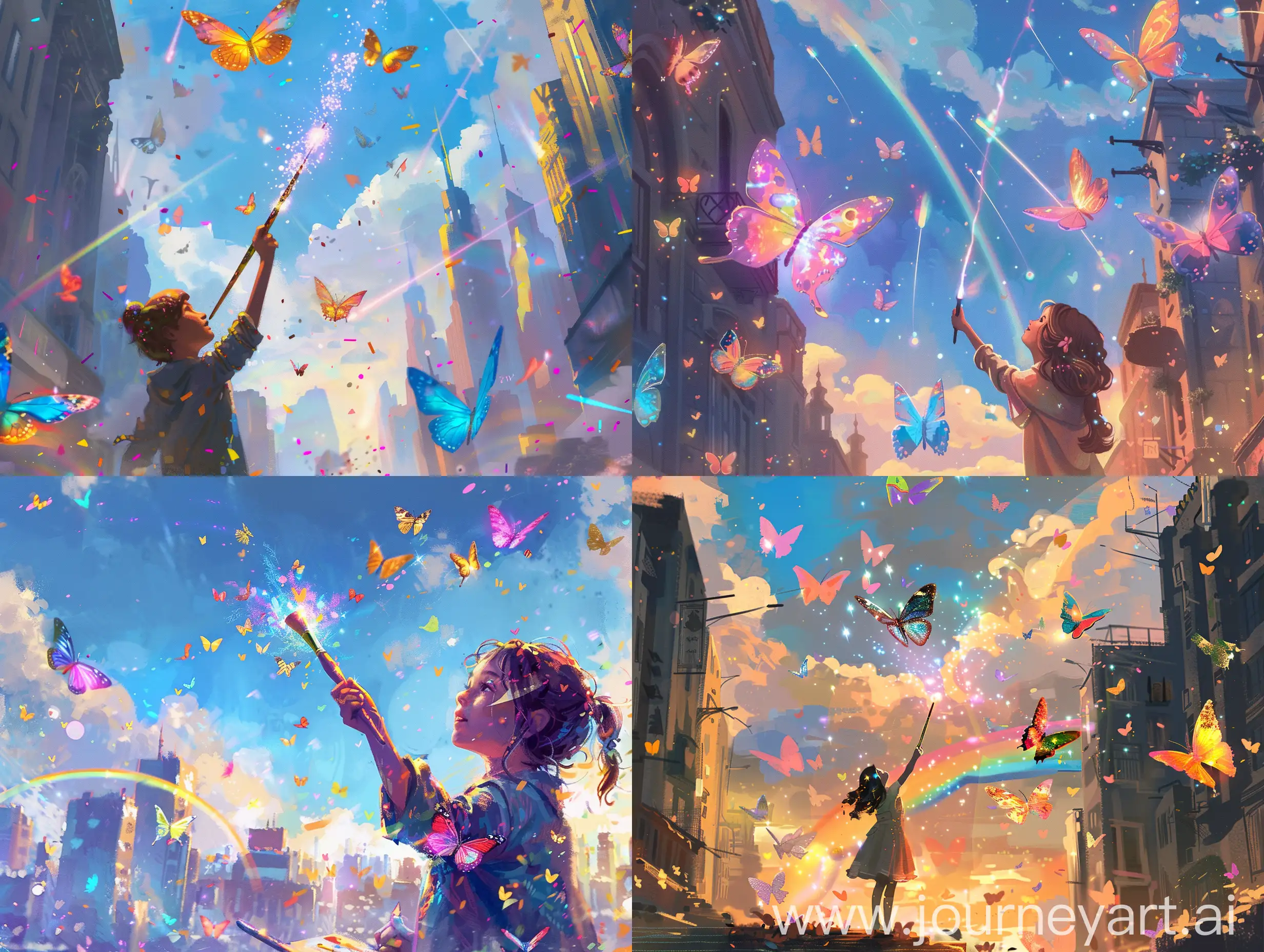 
In a bustling city, Ellie, a young artist, discovered a mysterious paintbrush with a shimmering glow. Intrigued, she dipped it into her palette, and every stroke brought her paintings to life. Colorful butterflies fluttered from her canvases, and rainbows danced across the sky.