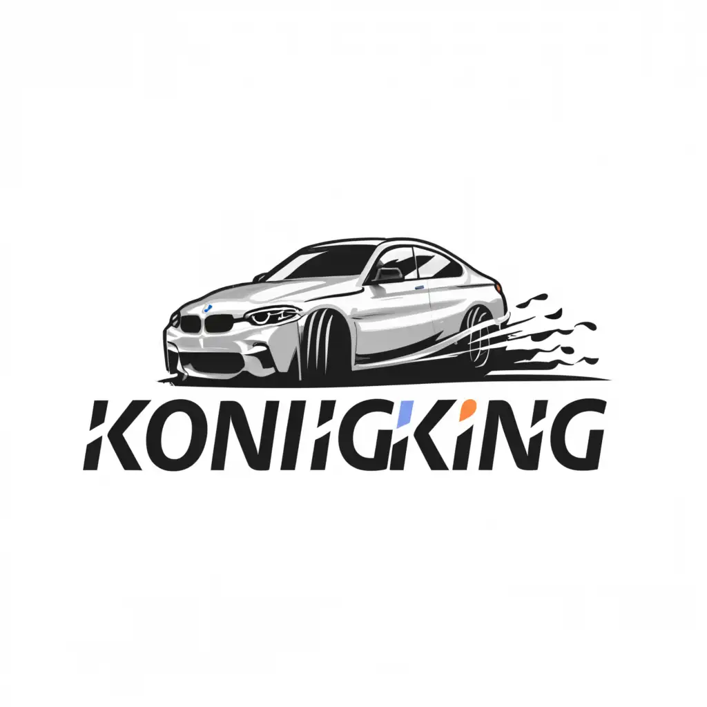 a logo design,with the text "KonigKIng", main symbol:not legal drift in a BMW with smoke,Moderate,be used in Automotive industry,clear background