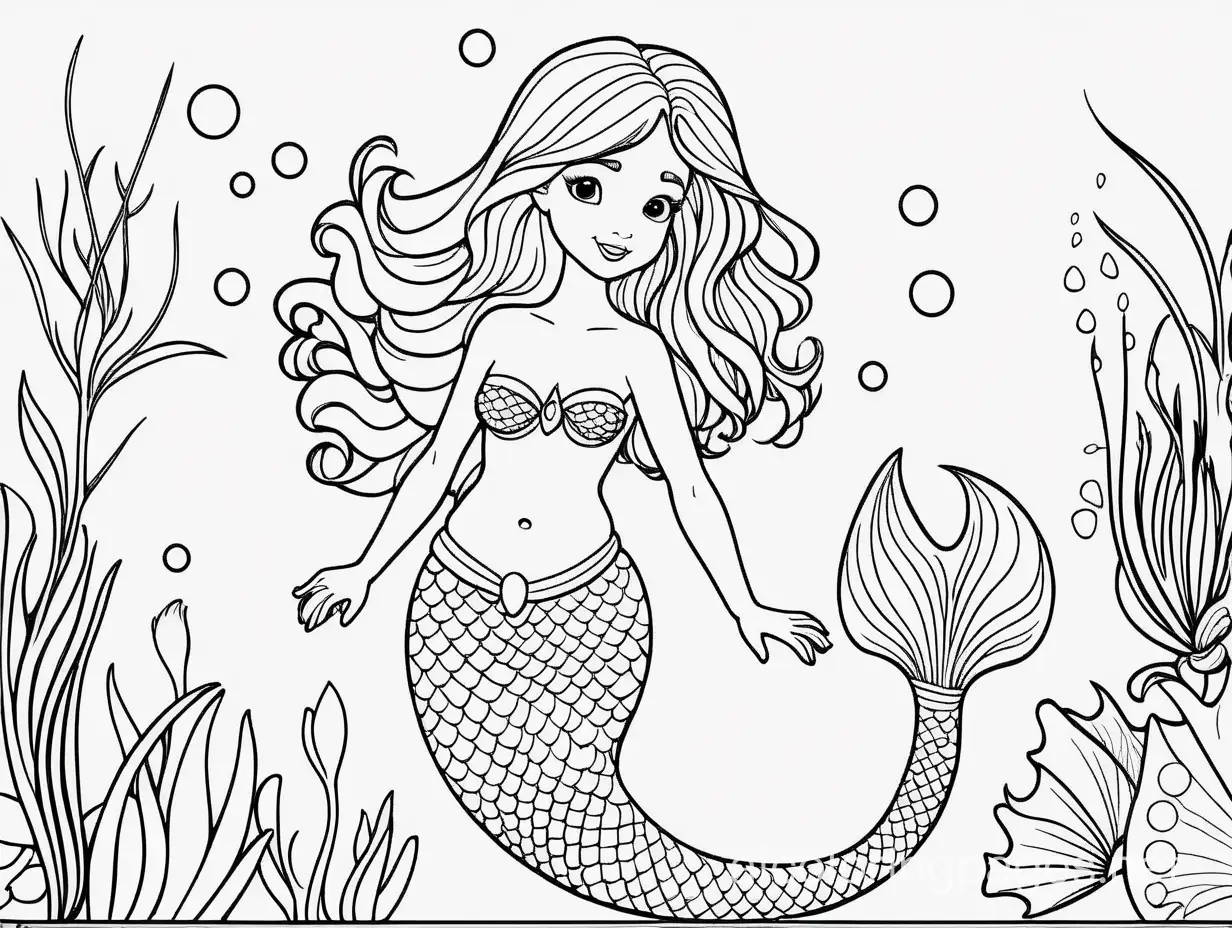 Simple Magical Mermaid Coloring Page for Kids, Coloring Page, black and white, line art, white background, Simplicity, Ample White Space. The background of the coloring page is plain white to make it easy for young children to color within the lines. The outlines of all the subjects are easy to distinguish, making it simple for kids to color without too much difficulty