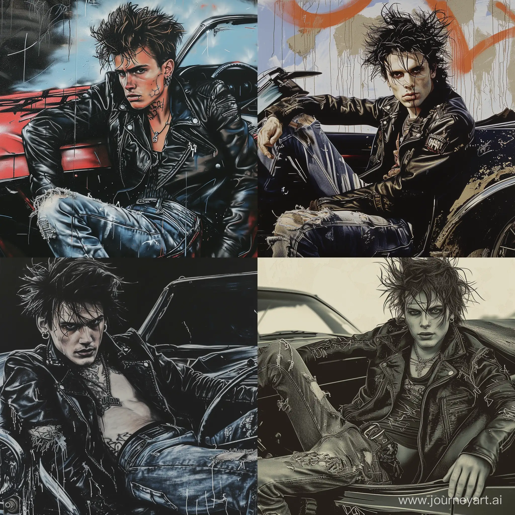 detailed portrait of a tough-looking punk man in his 20s, (graffiti), (muscle car), wearing a leather jacket and ripped jeans, messy hair and piercing eyes, sitting in a classic sports car, detailed, in the style of Banksy