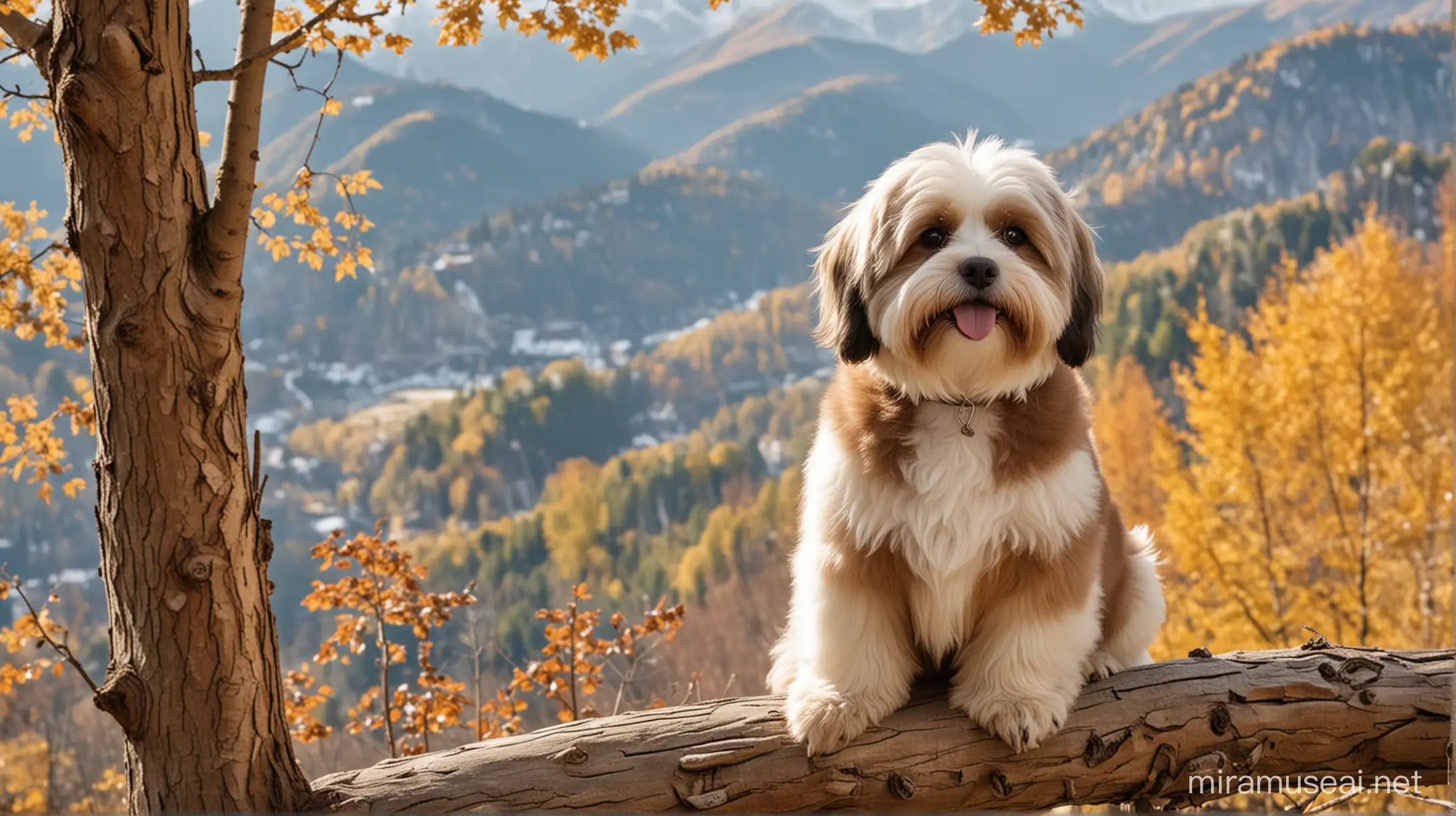 Auf dem Bild soll ein Havaneser (Hund) sein. Die Farbe vom Hund ist braun oder beige, gemustert. In der Nähe vom Hund sitzt ein großer Adler auf einem Baum. Die Szene ist in den Alpen.