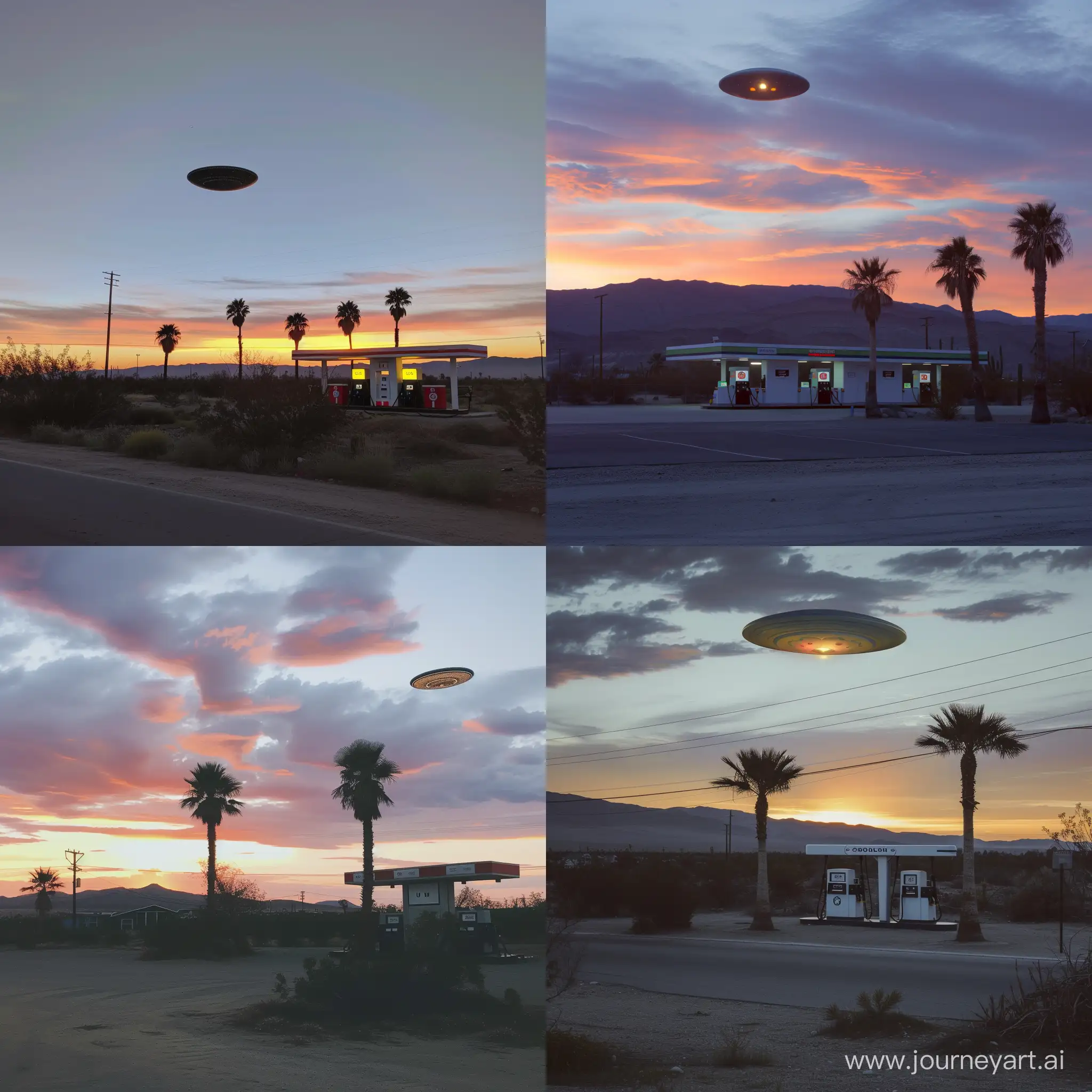 Sunset-Aesthetic-Landscape-with-Desert-Gas-Station-and-UFO